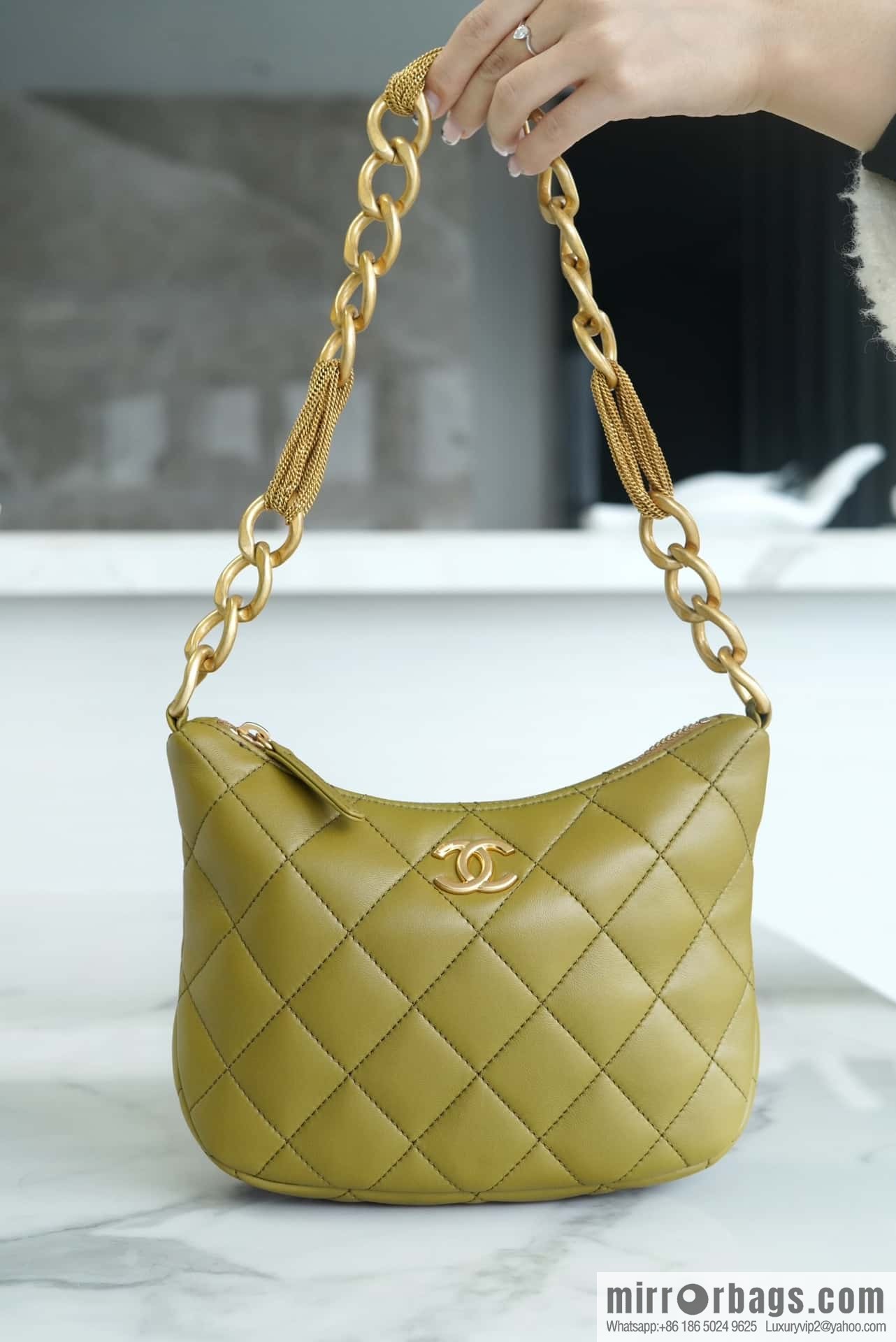 CHANEL 23A Handicraft Workshop HOBO Underarm Bag AS4220 Mustard Green