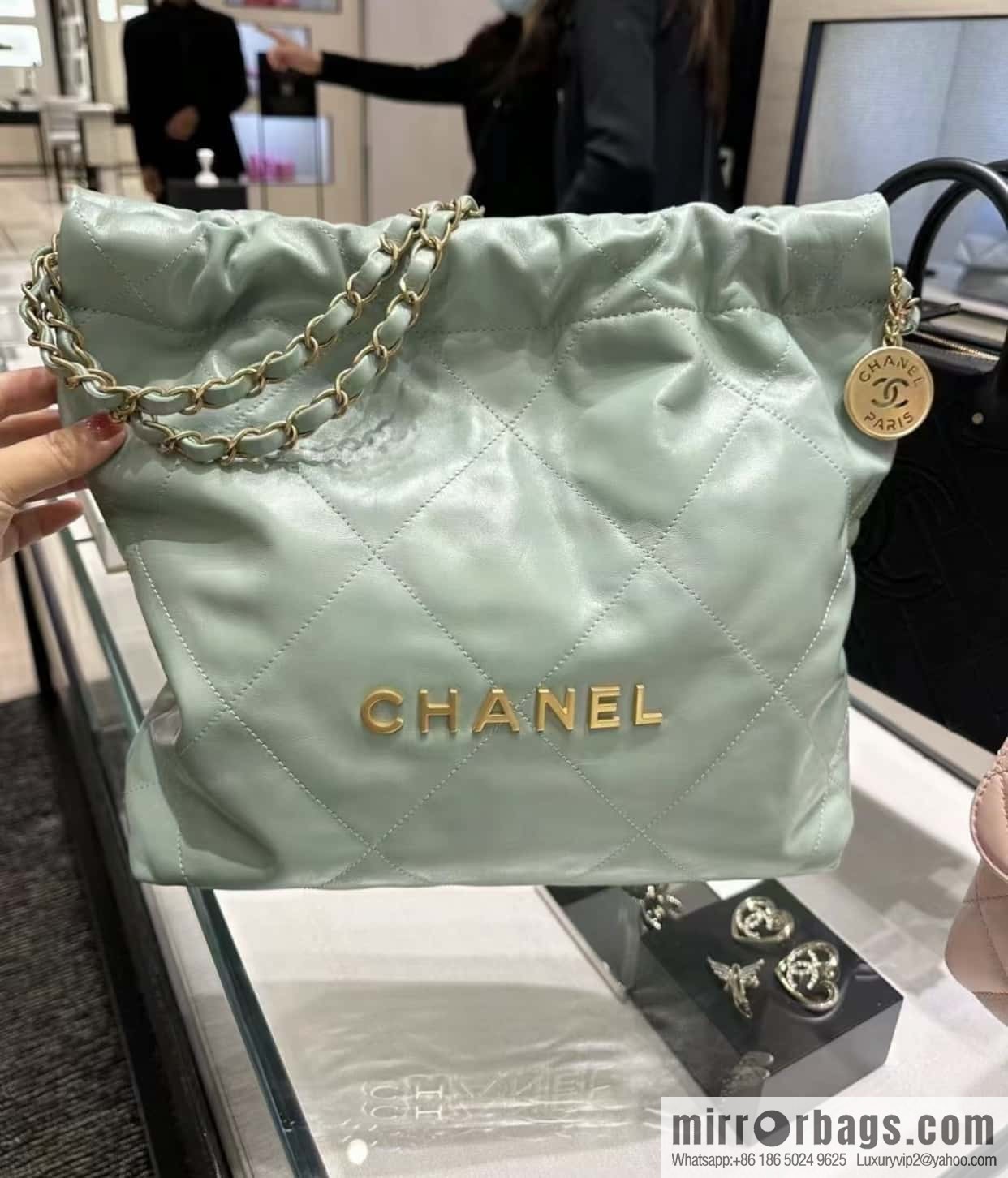 CHANEL 23c new 22 handbag AS3260 mint green πΏ genuine tail leather small