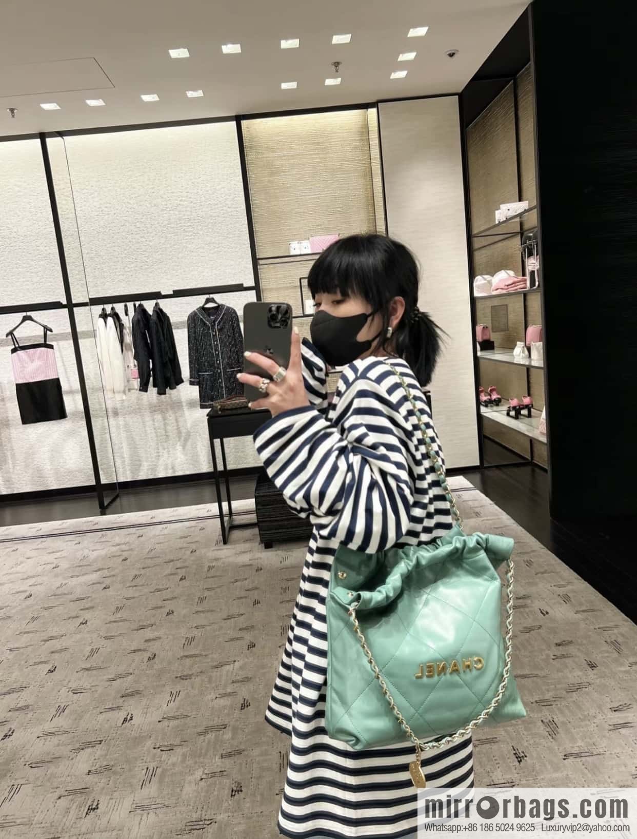 CHANEL 23c new 22 handbag AS3260 mint green πΏ genuine tail leather small