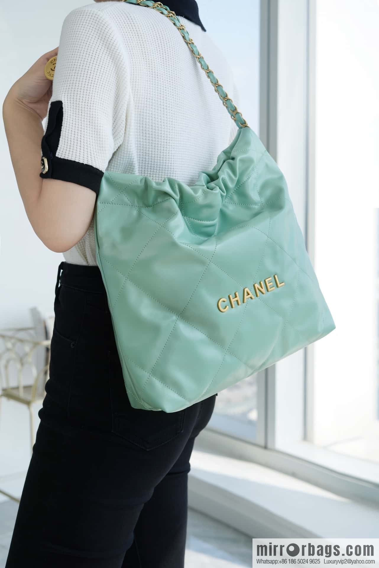 CHANEL 23c new 22 handbag AS3260 mint green πΏ genuine tail leather small