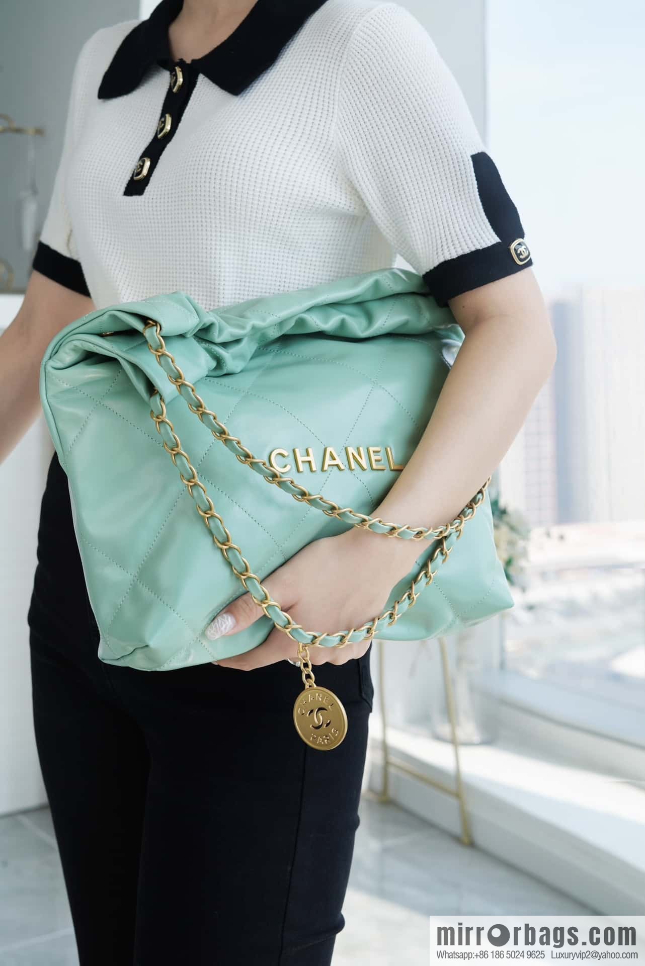 CHANEL 23c new 22 handbag AS3260 mint green πΏ genuine tail leather small
