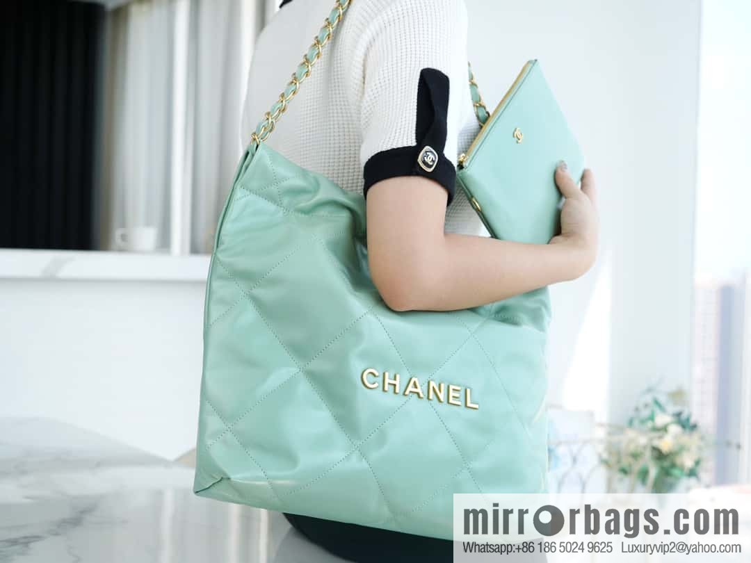 CHANEL 23c new 22 handbag AS3260 mint green πΏ genuine tail leather small