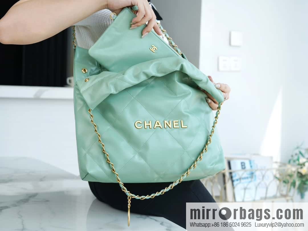 CHANEL 23c new 22 handbag AS3260 mint green πΏ genuine tail leather small