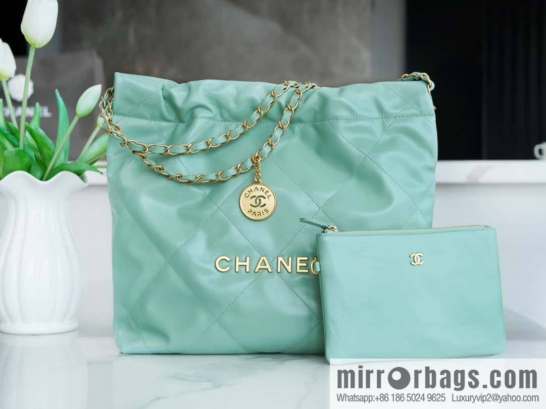 CHANEL 23c new 22 handbag AS3260 mint green πΏ genuine tail leather small