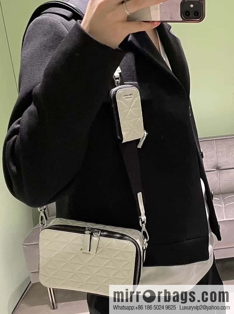 PRADA Brique leather (fabric) Grid camera bag 2VH070 white