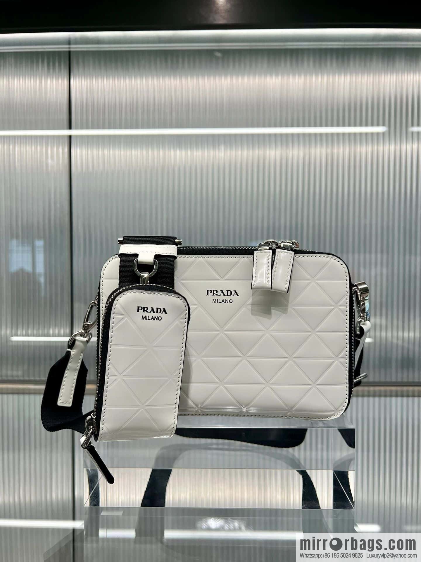 PRADA Brique leather (fabric) Grid camera bag 2VH070 white