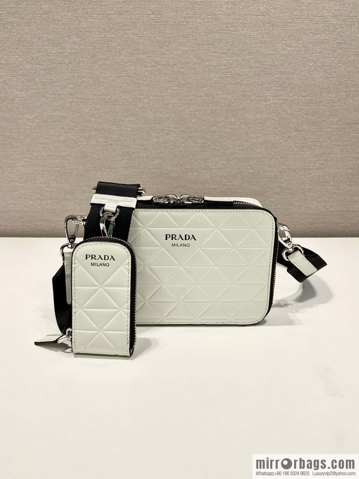 PRADA Brique leather (fabric) Grid camera bag 2VH070 white