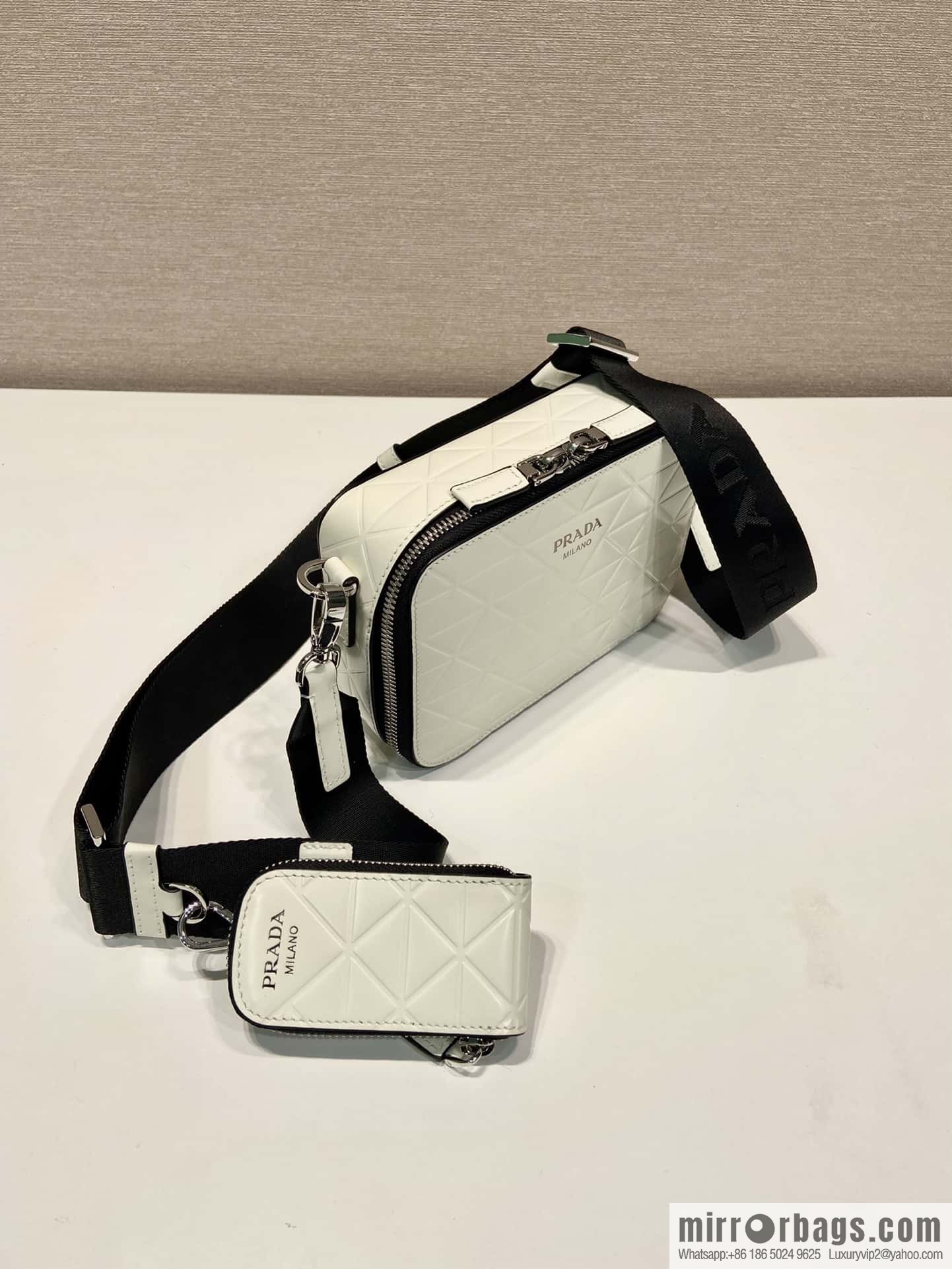 PRADA Brique leather (fabric) Grid camera bag 2VH070 white