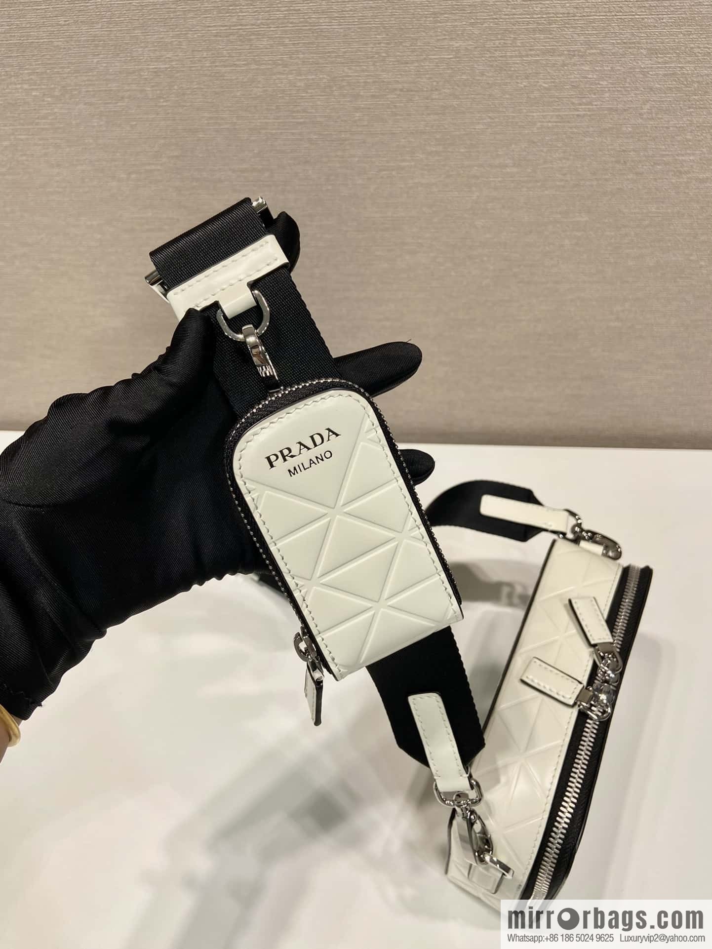 PRADA Brique leather (fabric) Grid camera bag 2VH070 white