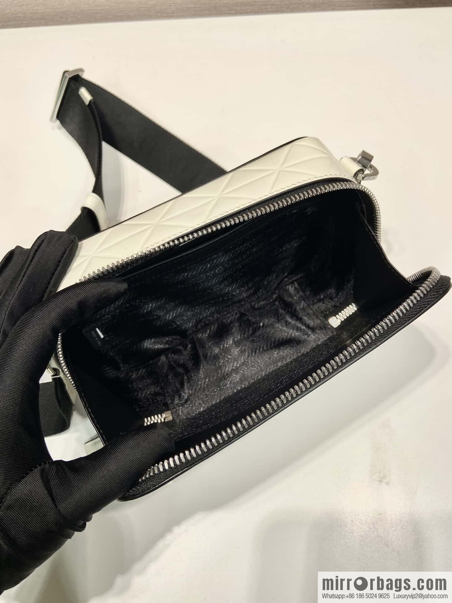 PRADA Brique leather (fabric) Grid camera bag 2VH070 white