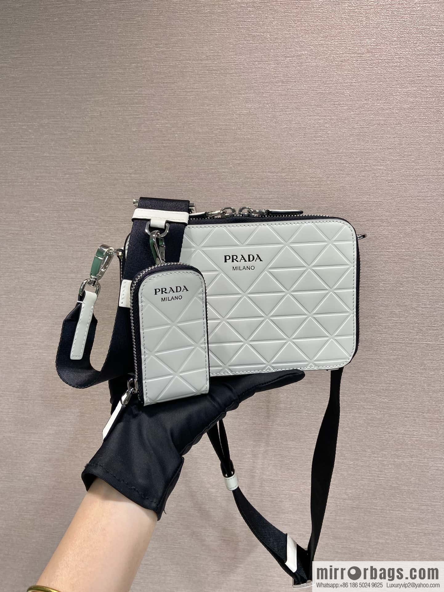 PRADA Brique leather (fabric) Grid camera bag 2VH070 white