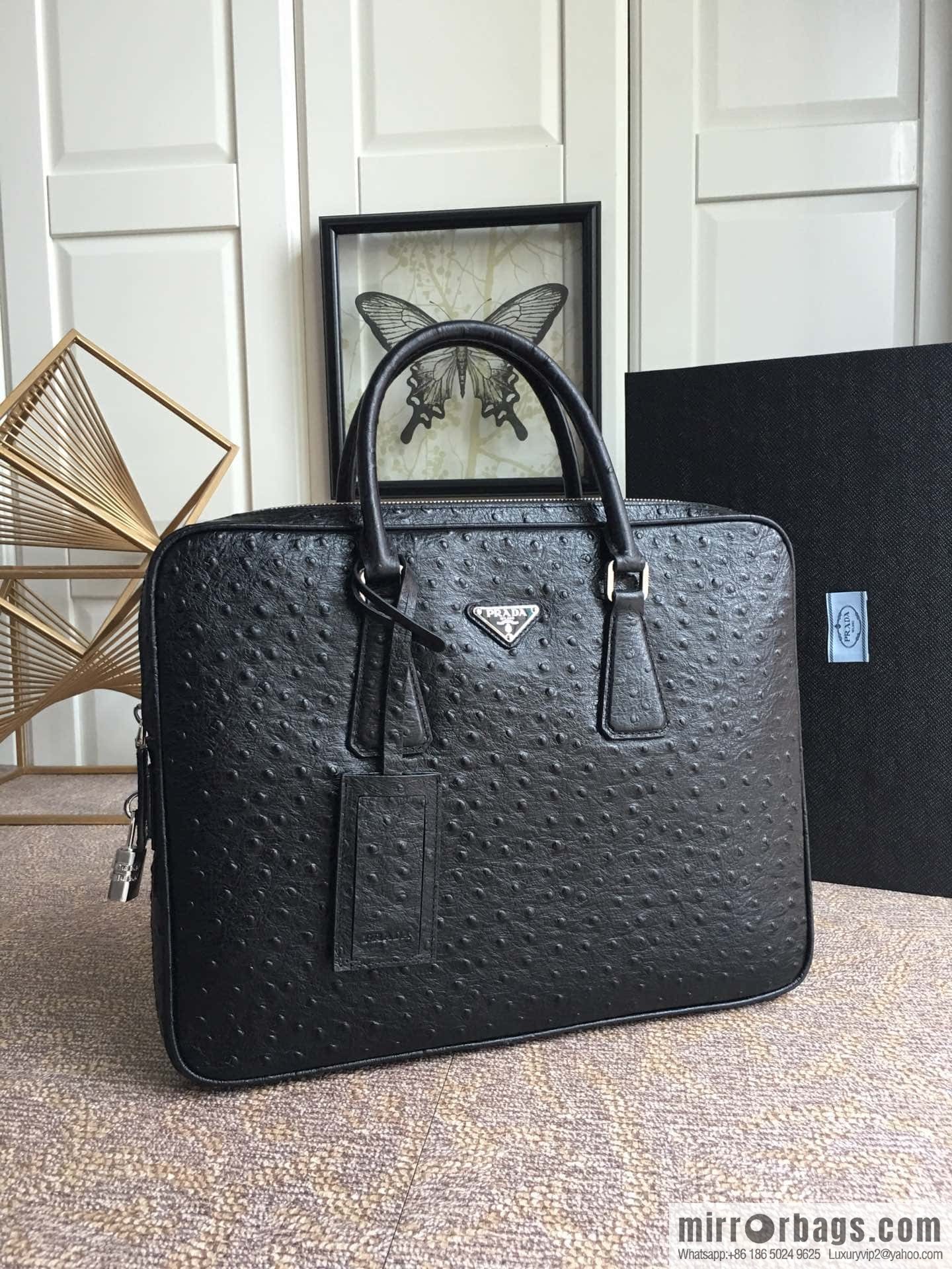 PRADA imported leather ostrich pattern briefcase 2VE368 black