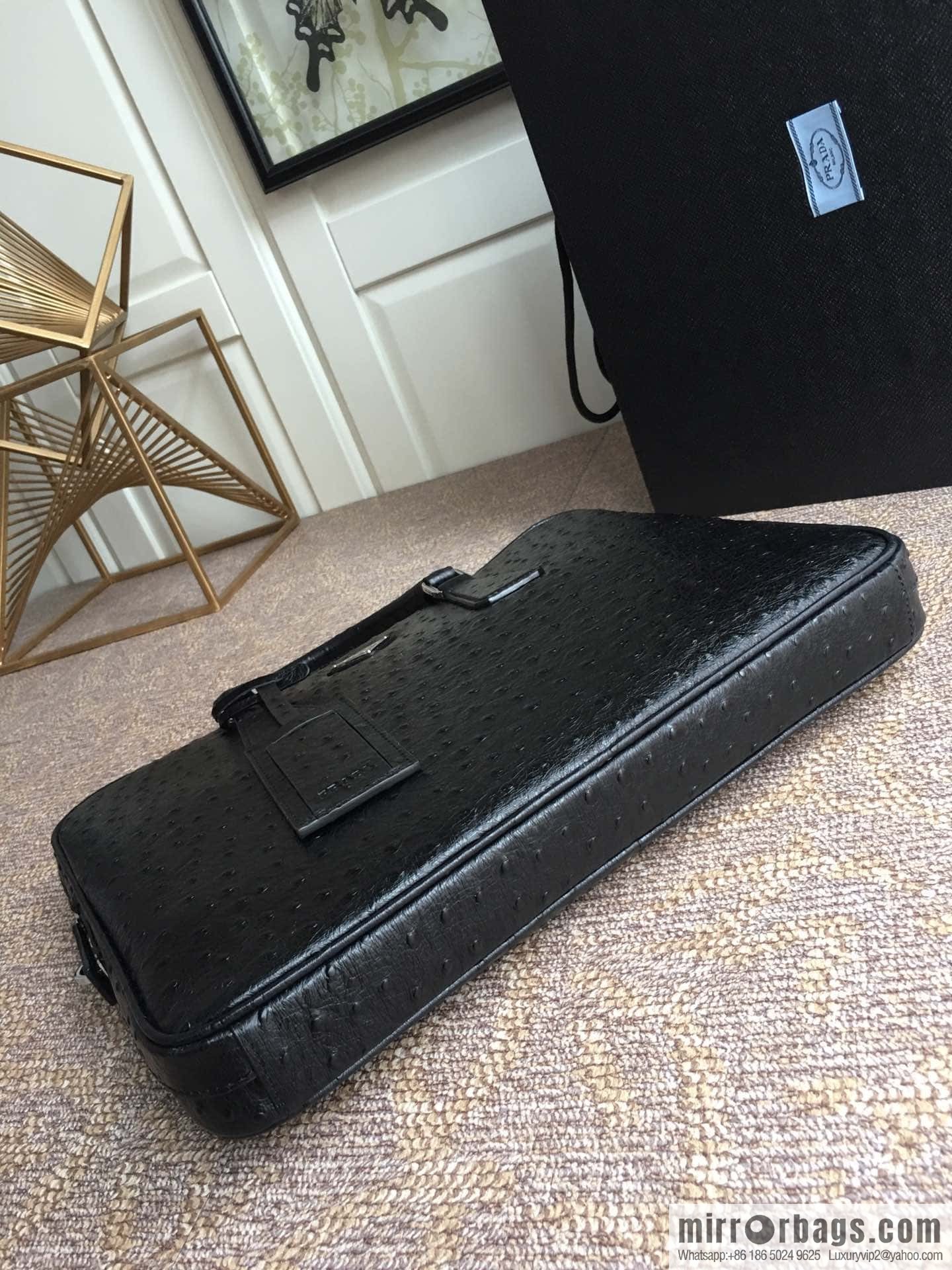 PRADA imported leather ostrich pattern briefcase 2VE368 black