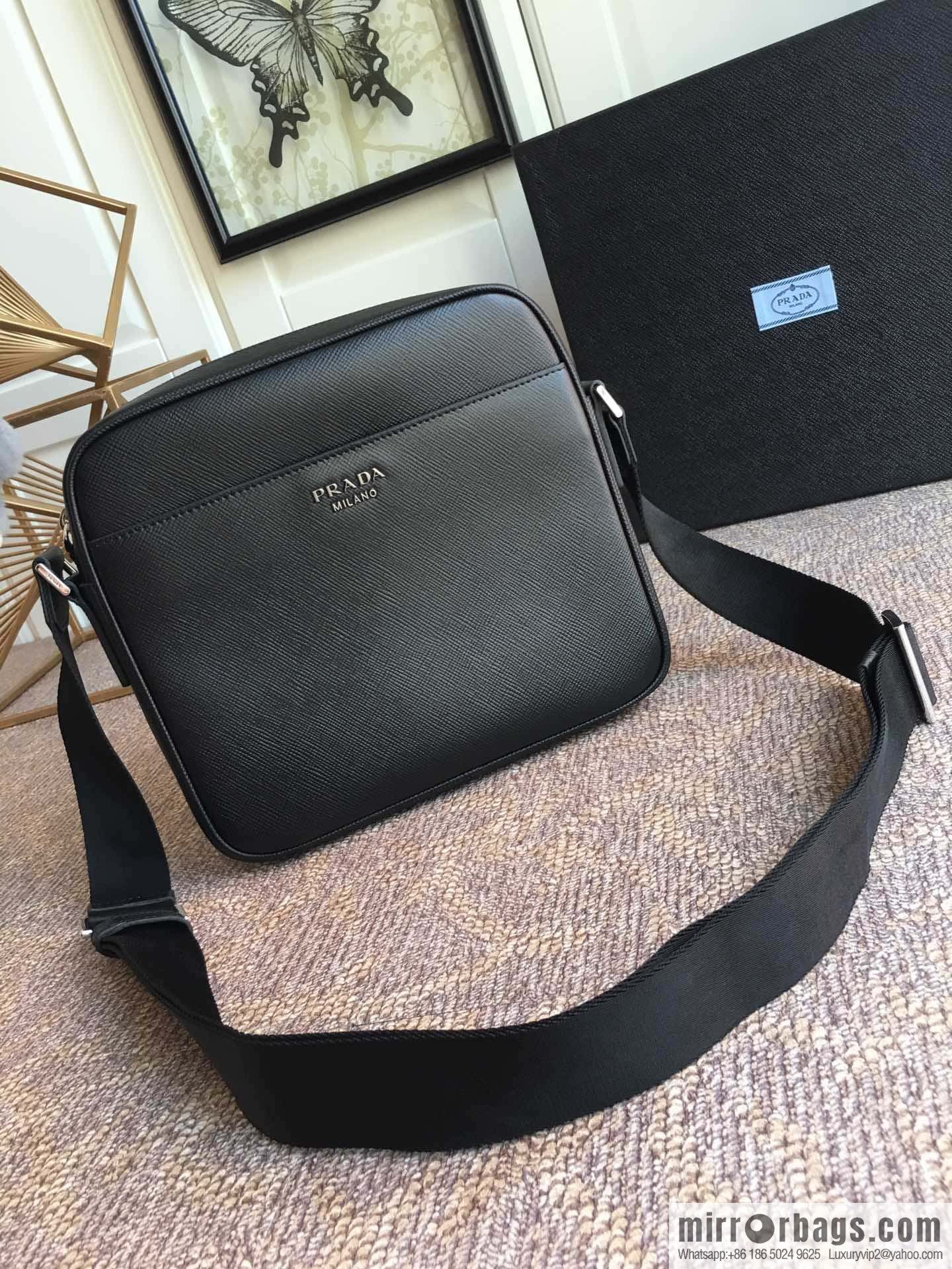 PRADA Prada imported thick leather crossbody bag 2VH014 black