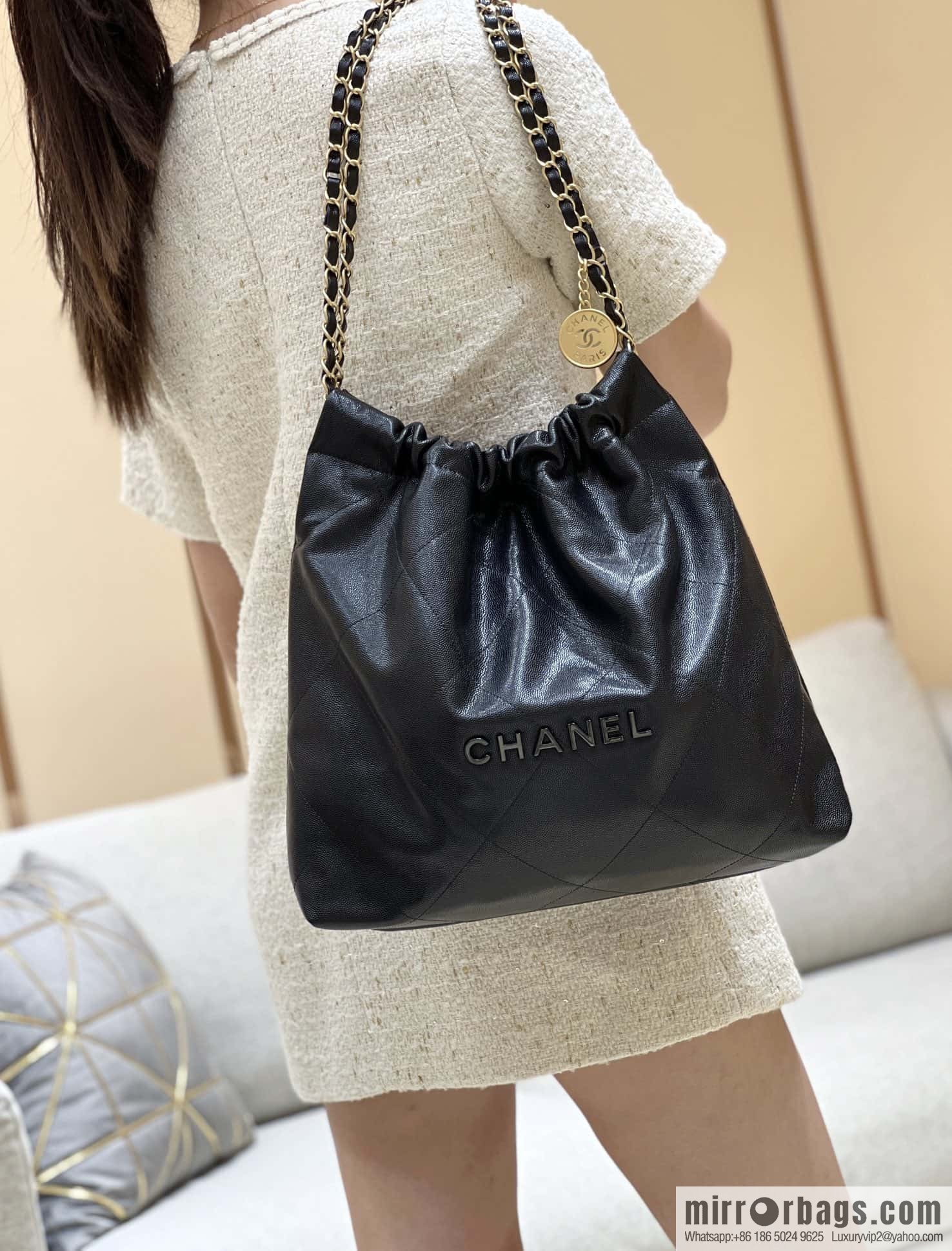 CHANEL black caviar leather with gun color hardware 23k garbage bag AS3261