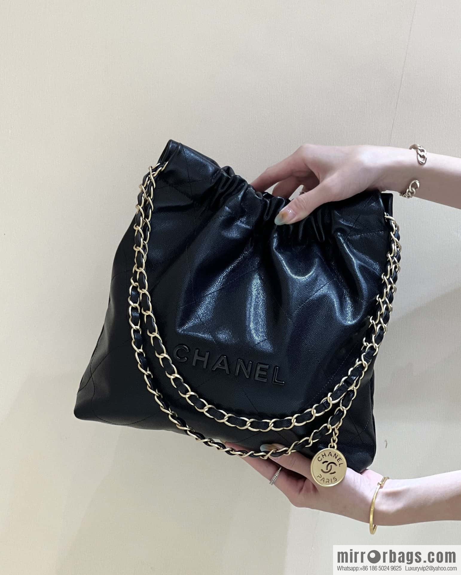 CHANEL black caviar leather with gun color hardware 23k garbage bag, small AS3260