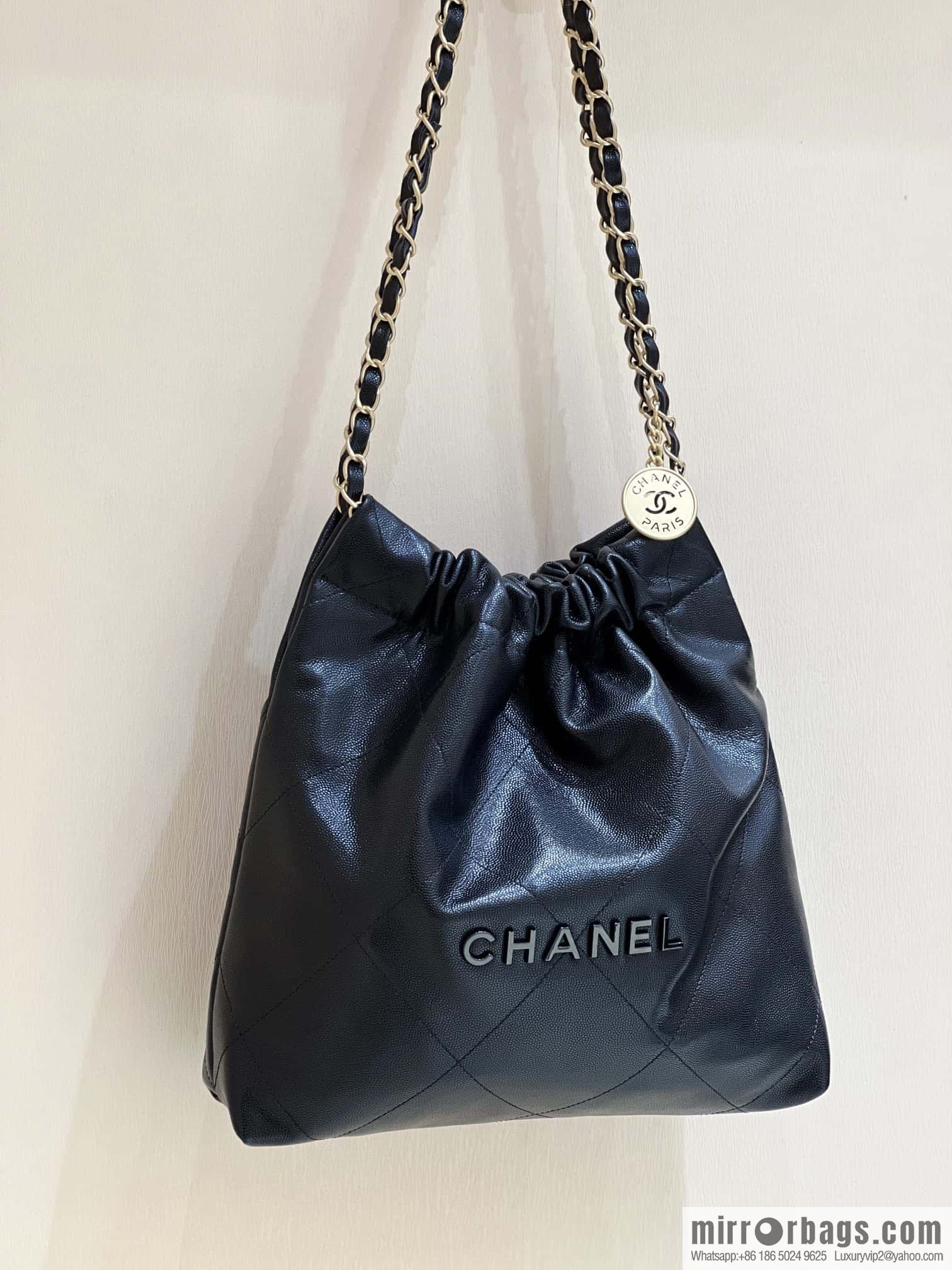 CHANEL black caviar leather with gun color hardware 23k garbage bag, small AS3260