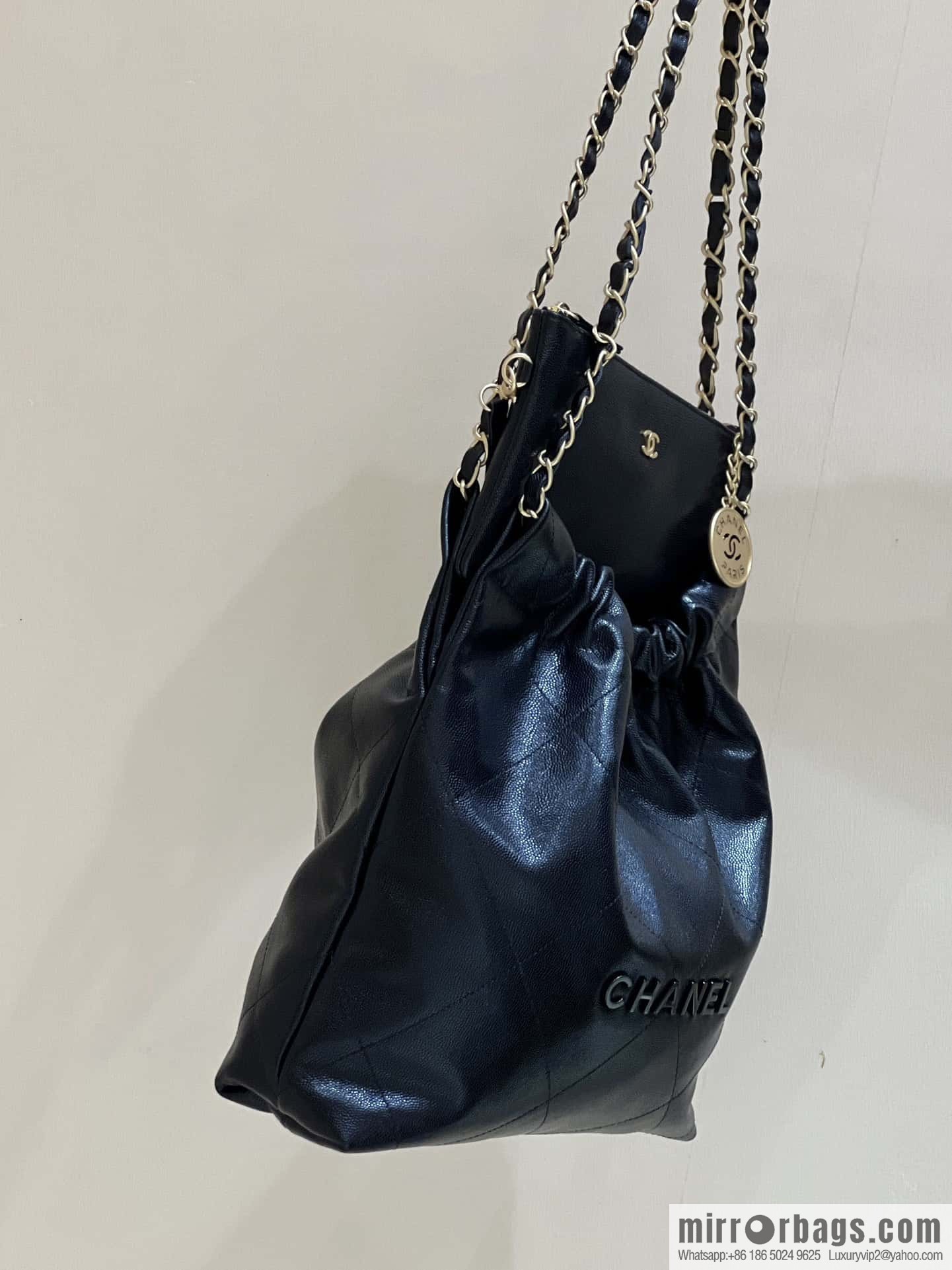 CHANEL black caviar leather with gun color hardware 23k garbage bag, small AS3260
