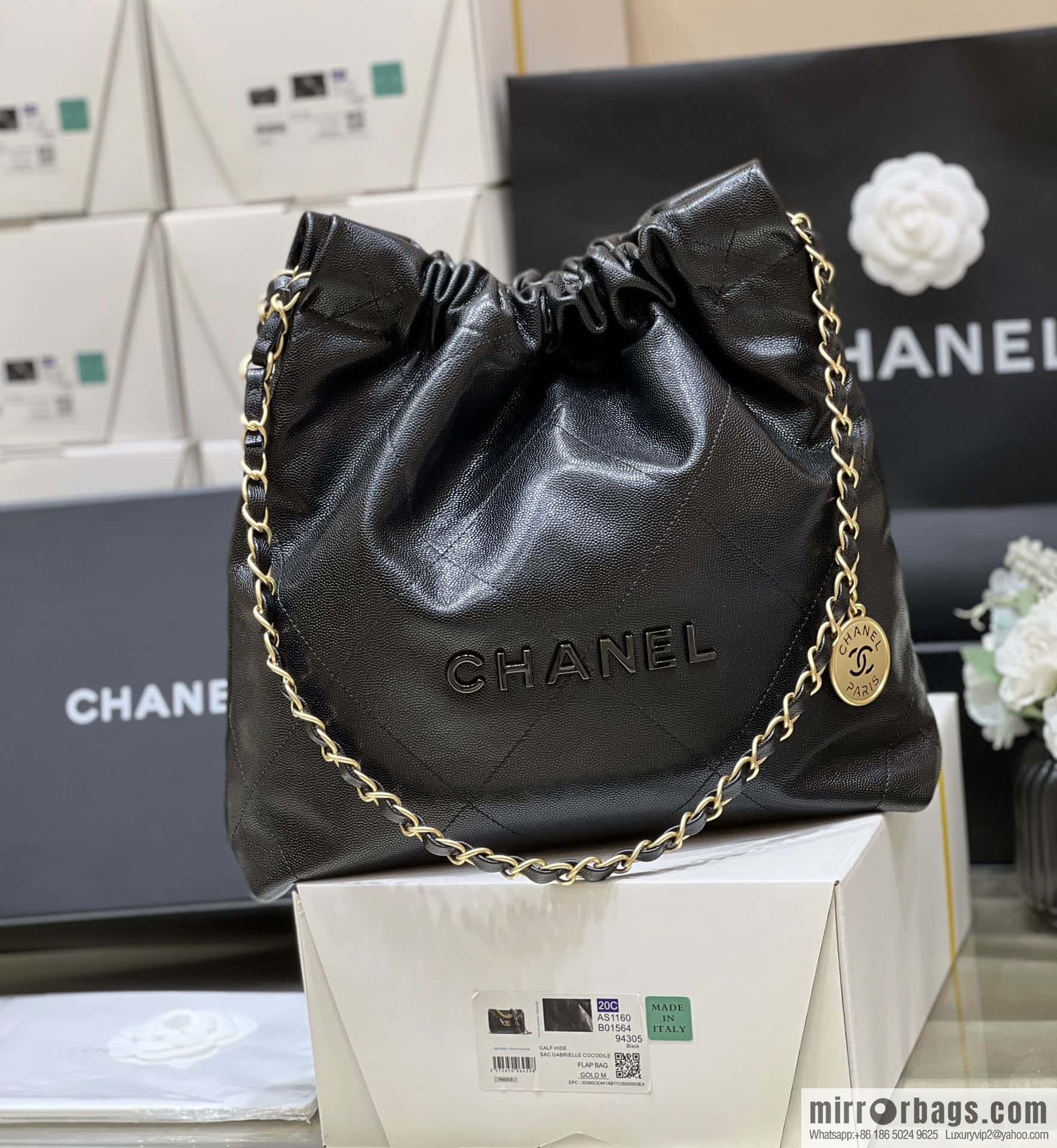CHANEL black caviar leather with gun color hardware 23k garbage bag, small AS3260