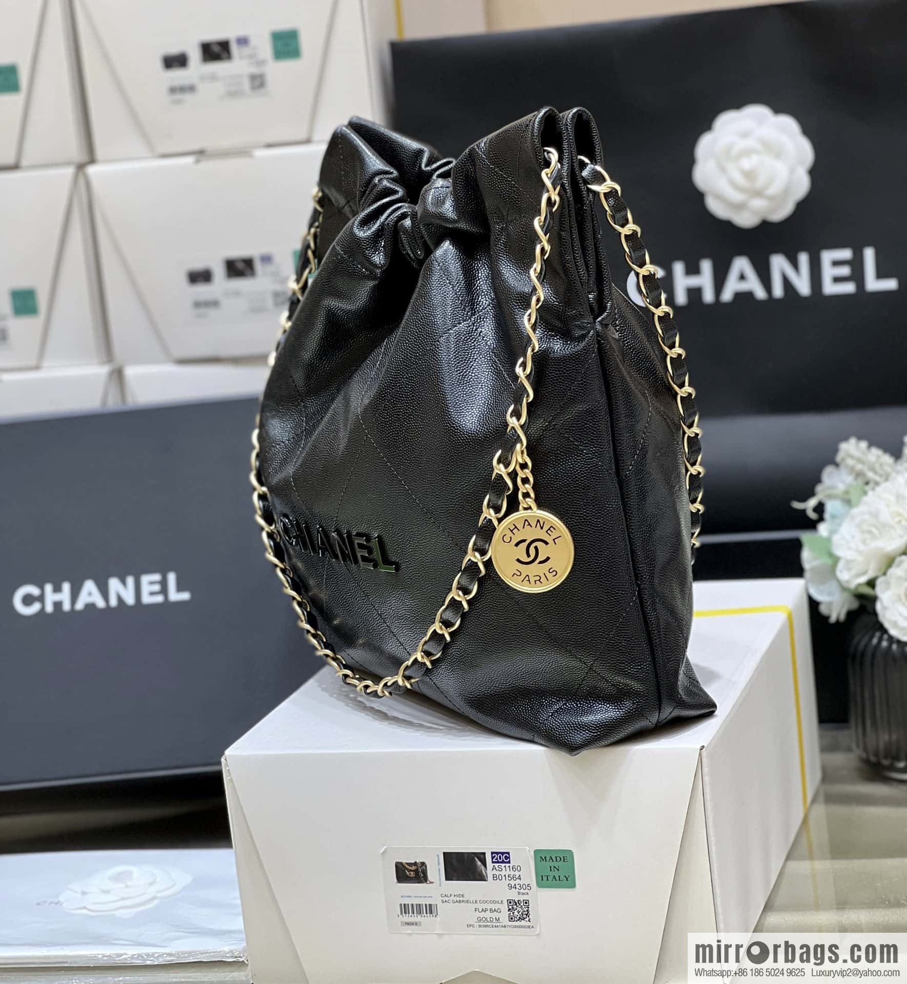 CHANEL black caviar leather with gun color hardware 23k garbage bag, small AS3260