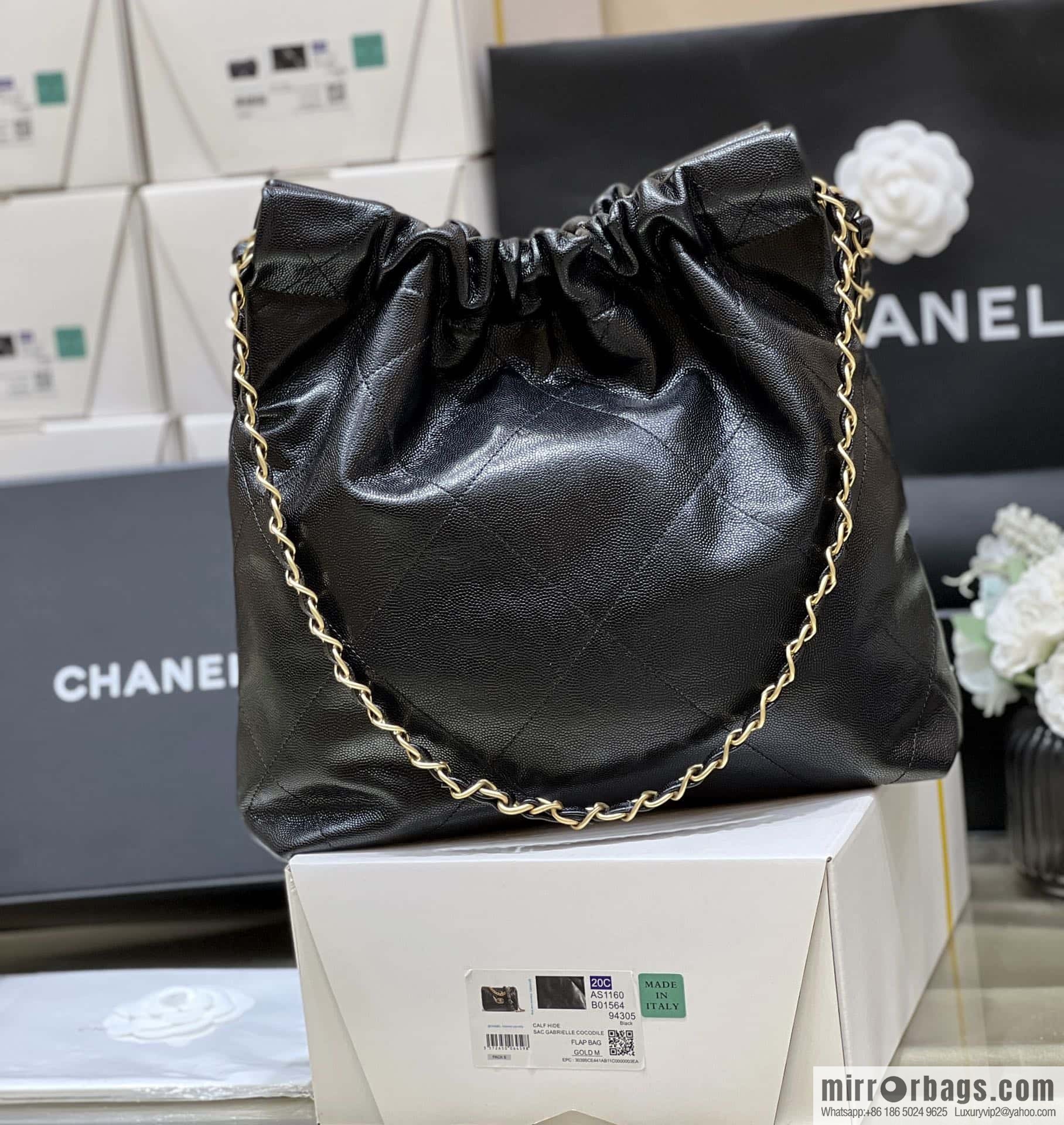 CHANEL black caviar leather with gun color hardware 23k garbage bag, small AS3260
