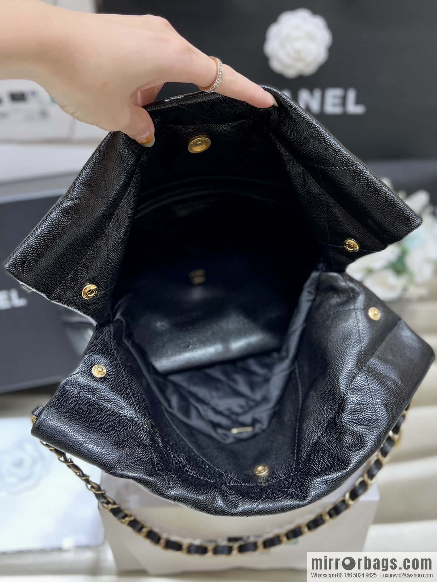 CHANEL black caviar leather with gun color hardware 23k garbage bag, small AS3260