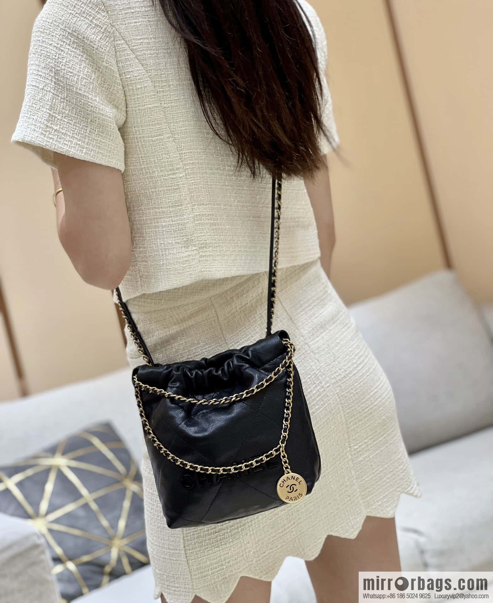 CHANEL black caviar leather with gun color hardware 23k garbage bag MiniAS3980