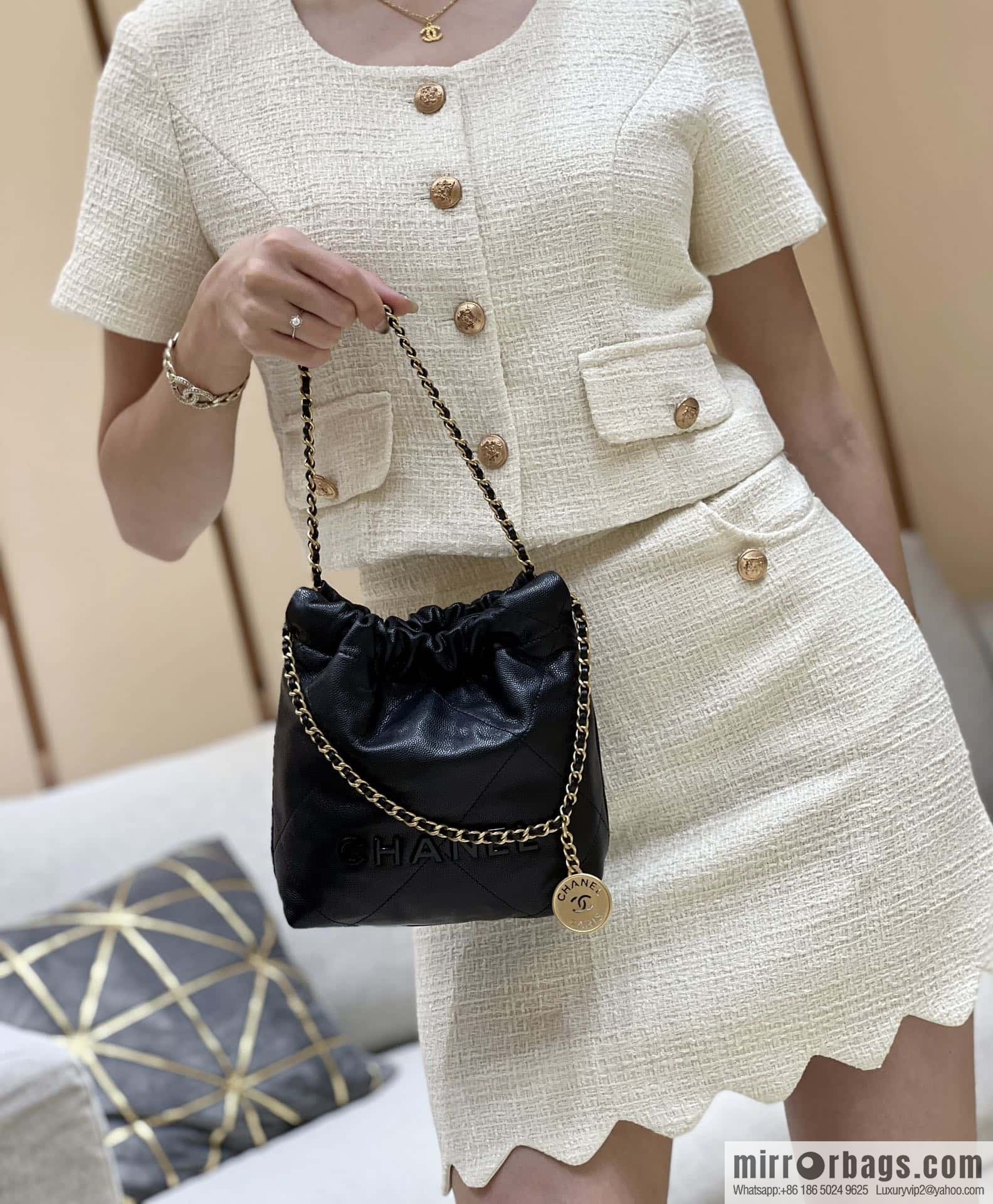CHANEL black caviar leather with gun color hardware 23k garbage bag MiniAS3980