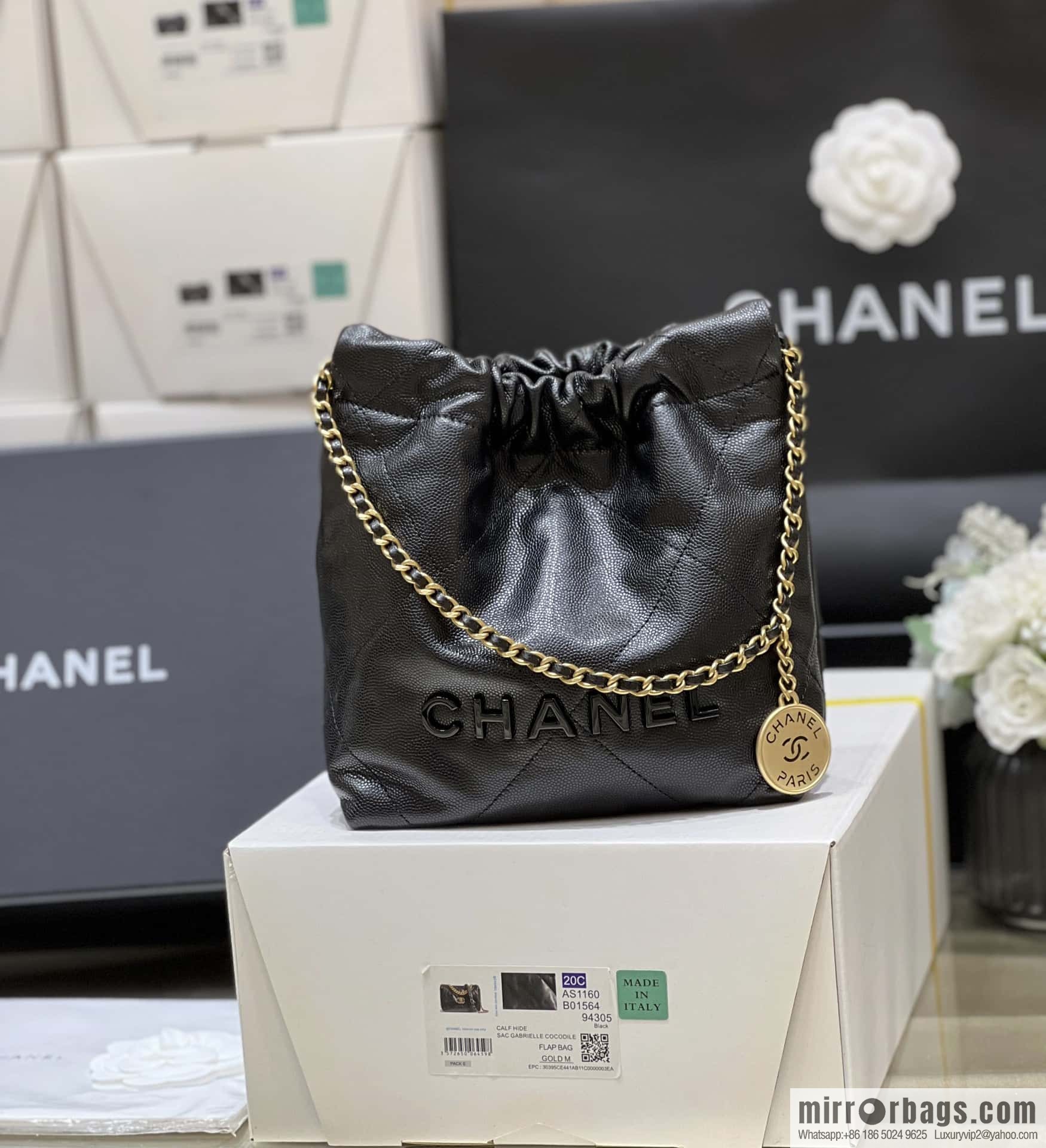 CHANEL black caviar leather with gun color hardware 23k garbage bag MiniAS3980