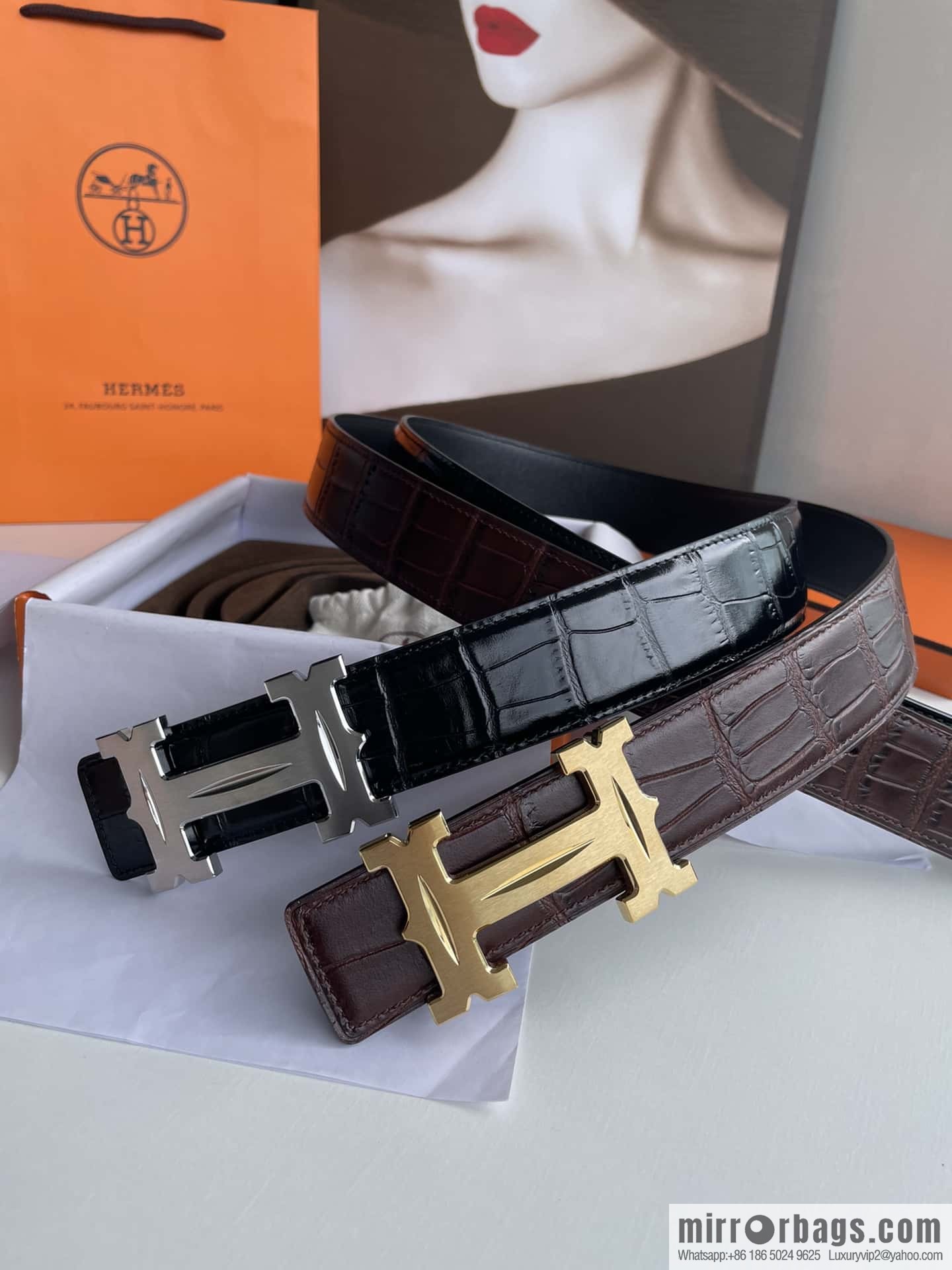 Hermès - Fareest belt buckle & imported cowhide pressed crocodile leather belt 38cm