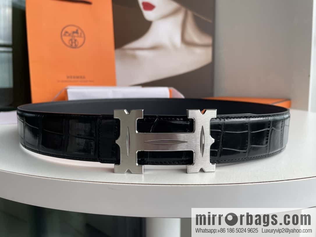 Hermès - Fareest belt buckle & imported cowhide pressed crocodile leather belt 38cm