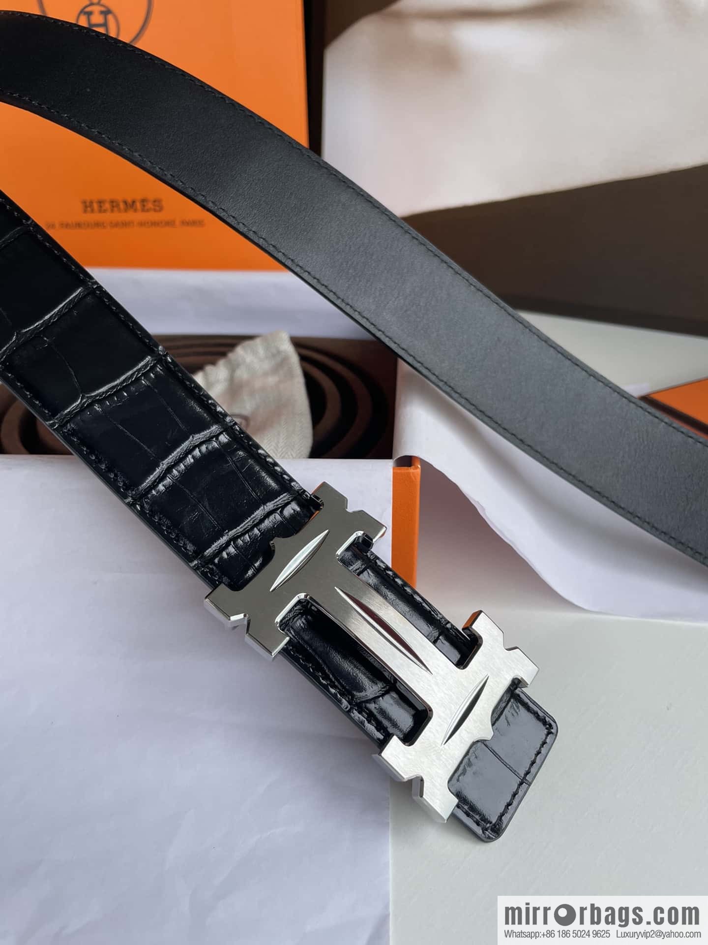 Hermès - Fareest belt buckle & imported cowhide pressed crocodile leather belt 38cm