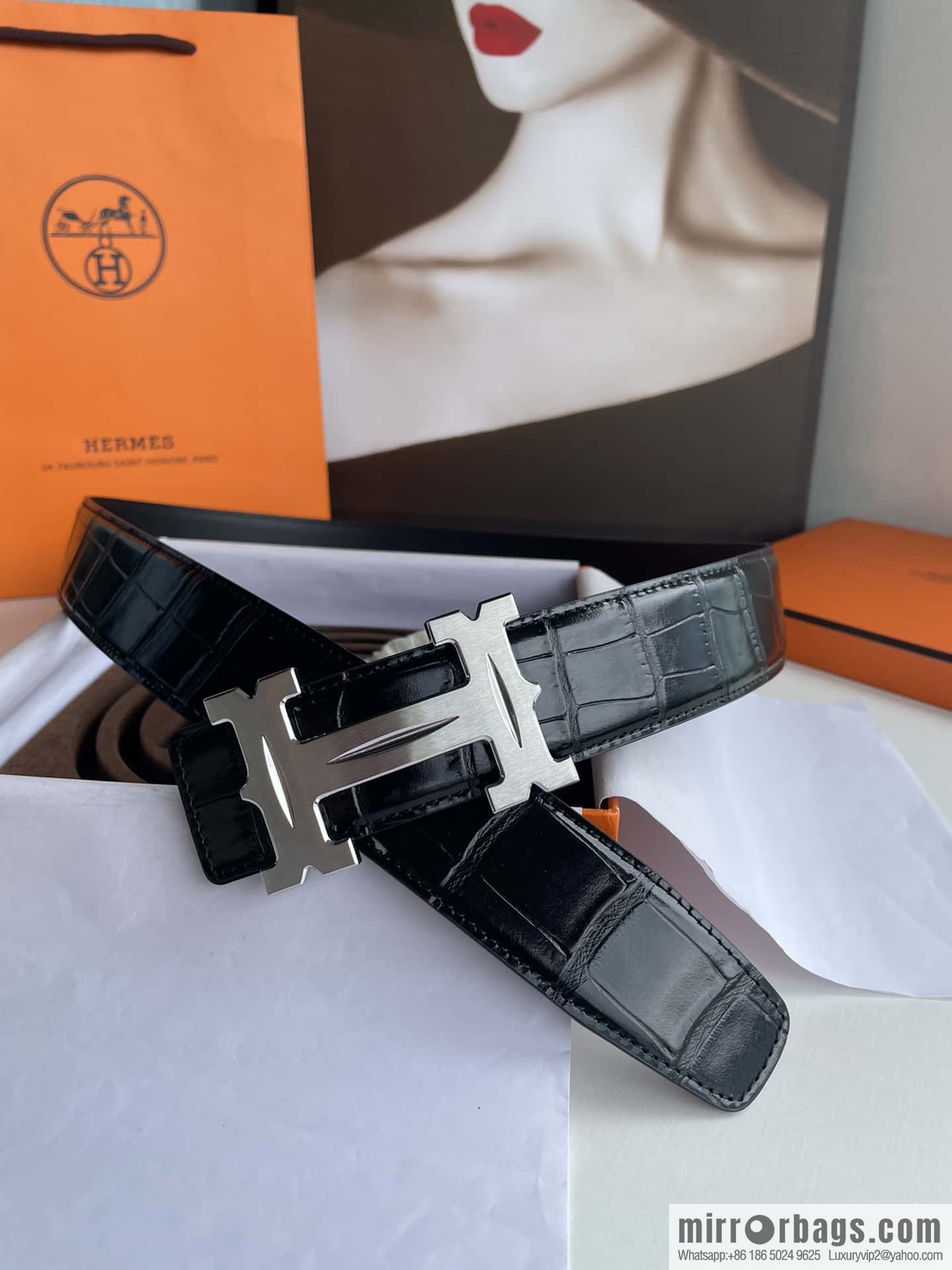 Hermès - Fareest belt buckle & imported cowhide pressed crocodile leather belt 38cm