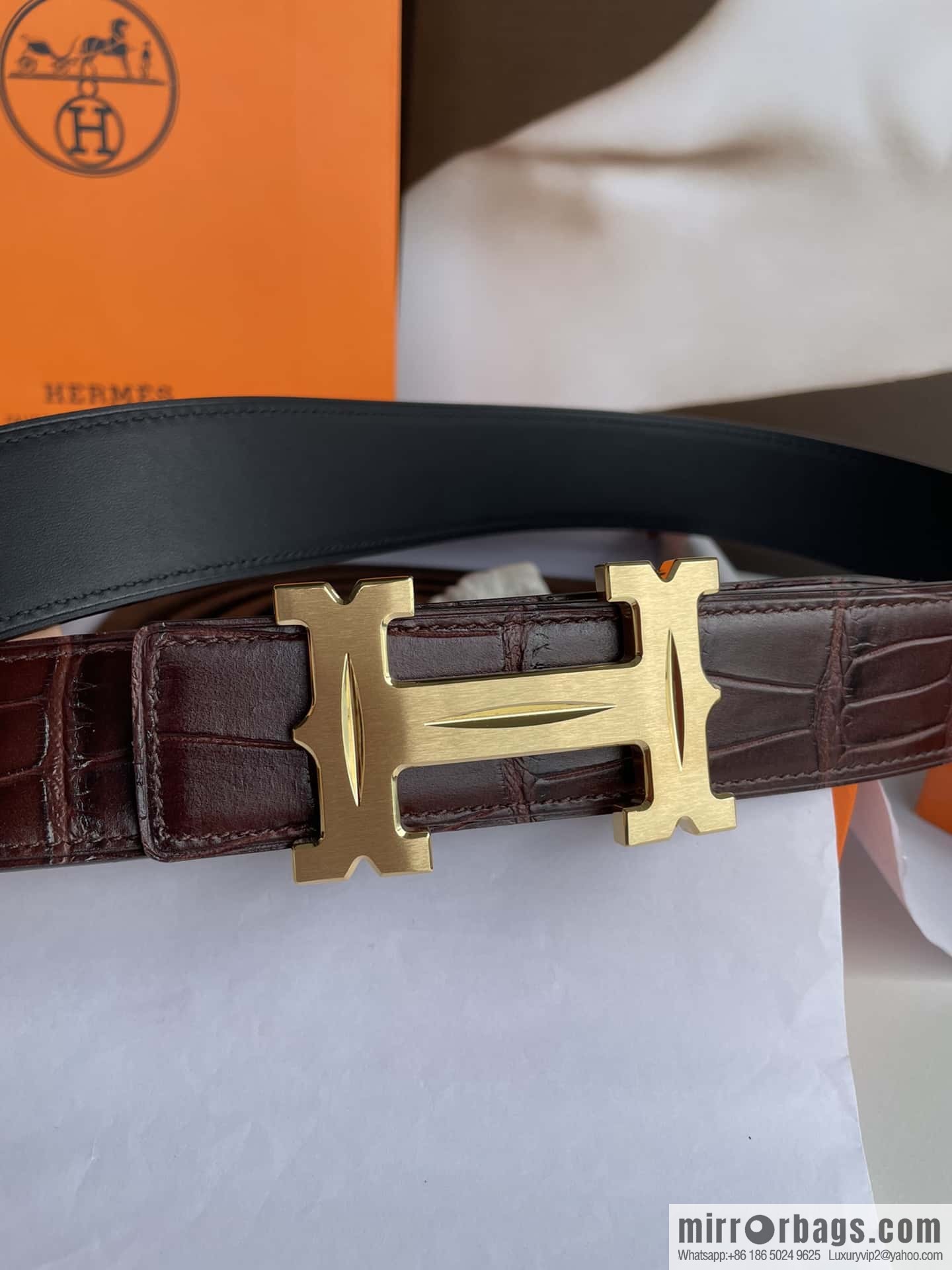 Hermès - Fareest belt buckle & imported cowhide pressed crocodile leather belt 38cm