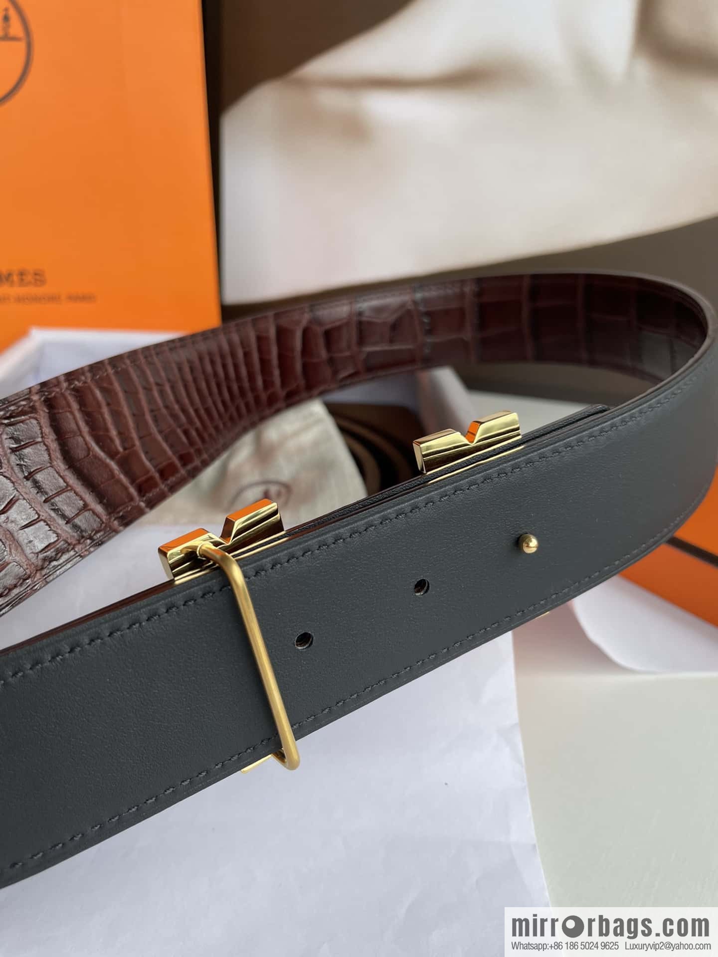 Hermès - Fareest belt buckle & imported cowhide pressed crocodile leather belt 38cm