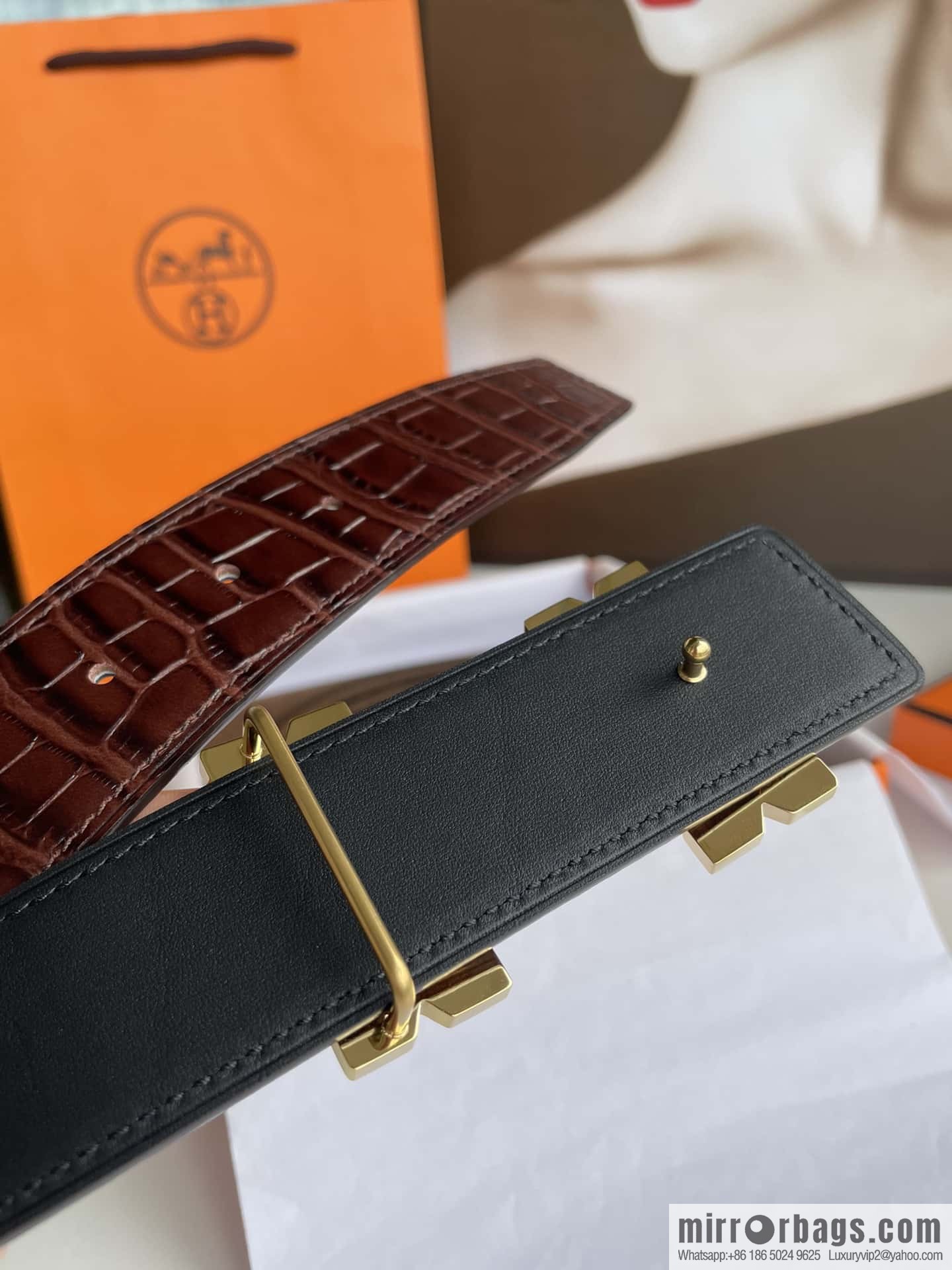 Hermès - Fareest belt buckle & imported cowhide pressed crocodile leather belt 38cm