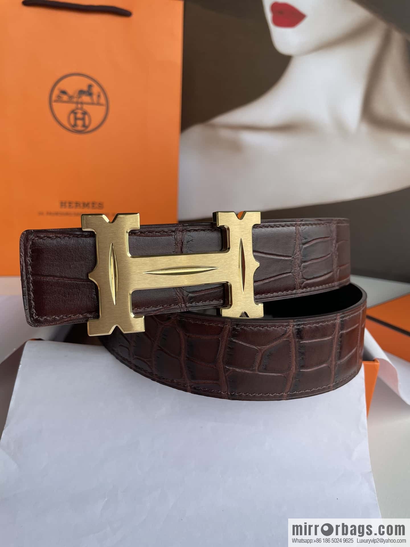 Hermès - Fareest belt buckle & imported cowhide pressed crocodile leather belt 38cm