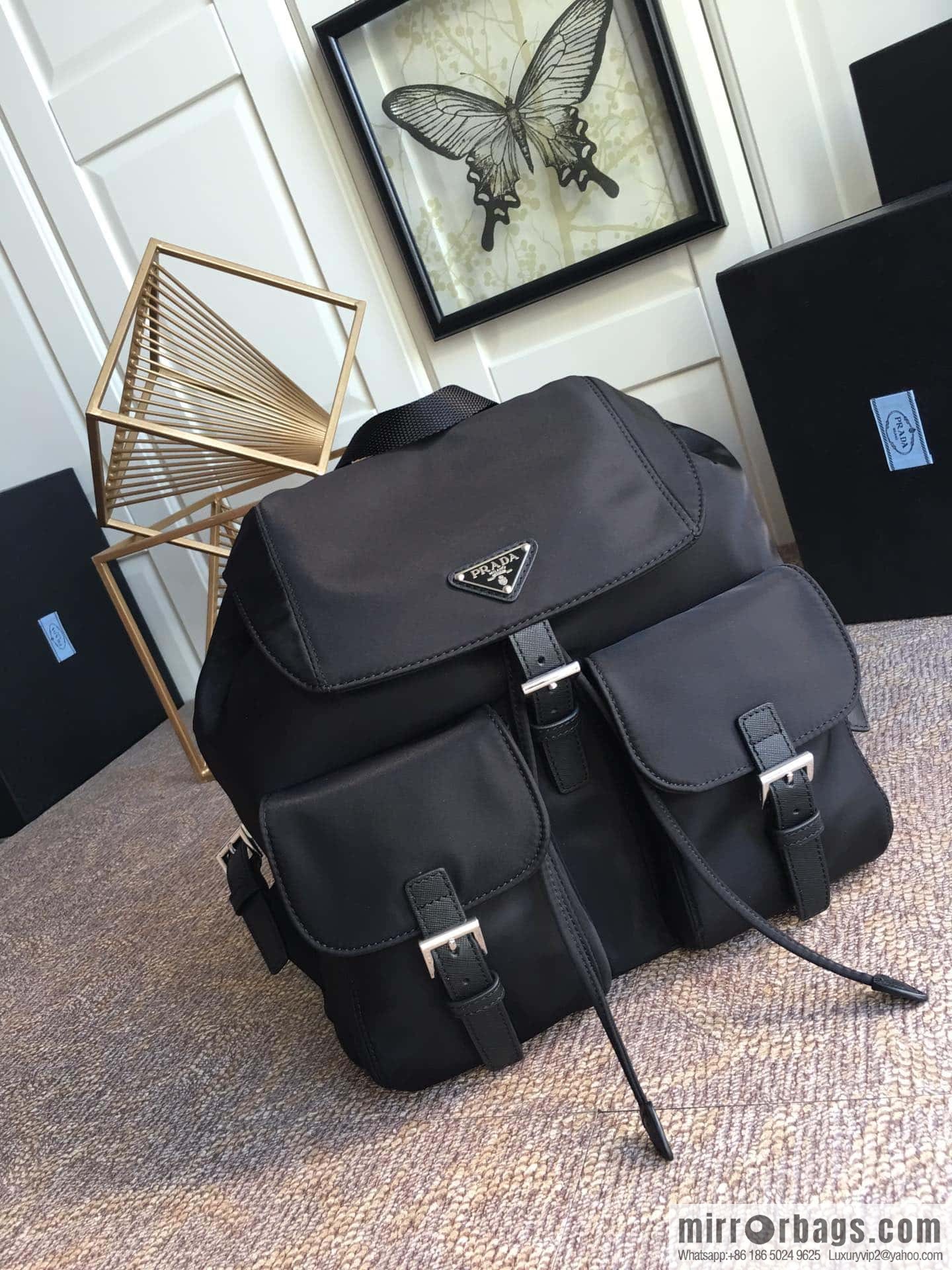 PRADA imported parachute fabric + cross pattern leather backpack 2811