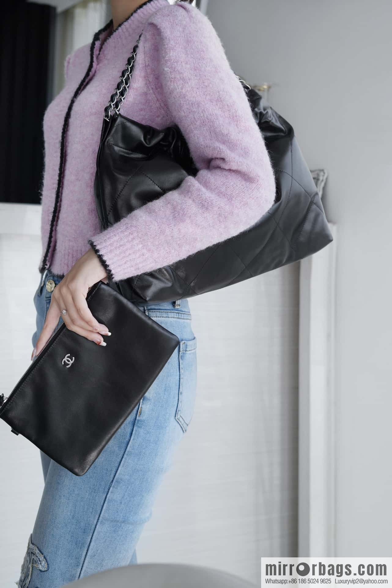 CHANEL 24C horizontal 22 handbag AS4486 black silver buckle