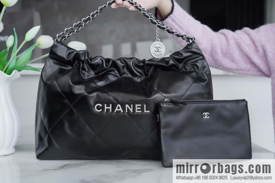 CHANEL 24C horizontal 22 handbag AS4486 black silver buckle