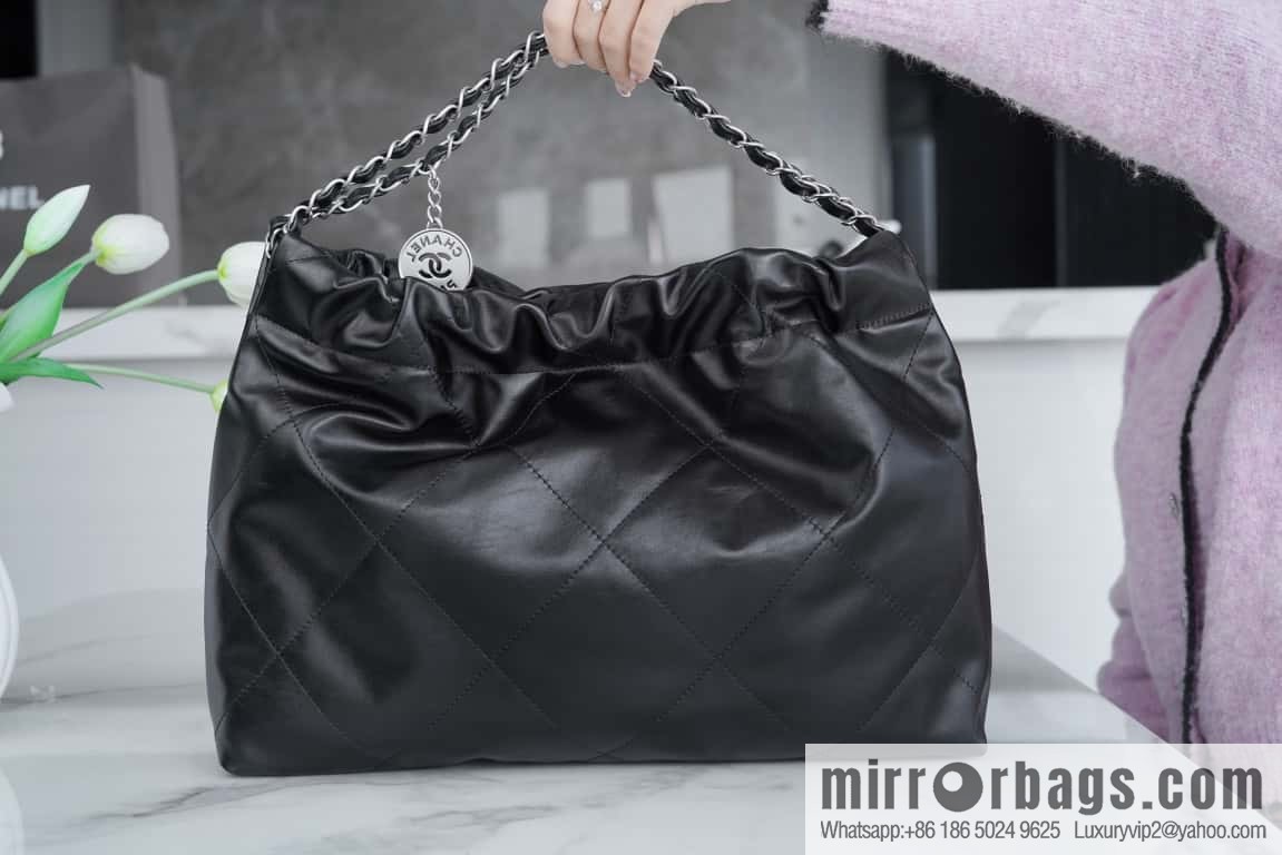 CHANEL 24C horizontal 22 handbag AS4486 black silver buckle