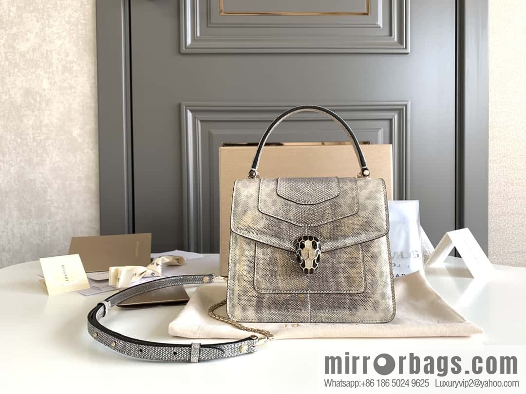 BVLGARI Bulgari Sprpenti Forever water snake skin inner small sheepskin tote bag 18CM 383292 Milk protein stone metal texture