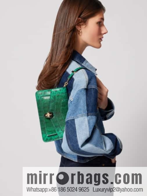BVLGARI Bulgari bright green grandmother green glossy water snakeskin EAST-WEST series small shoulder bag 22CM 292103