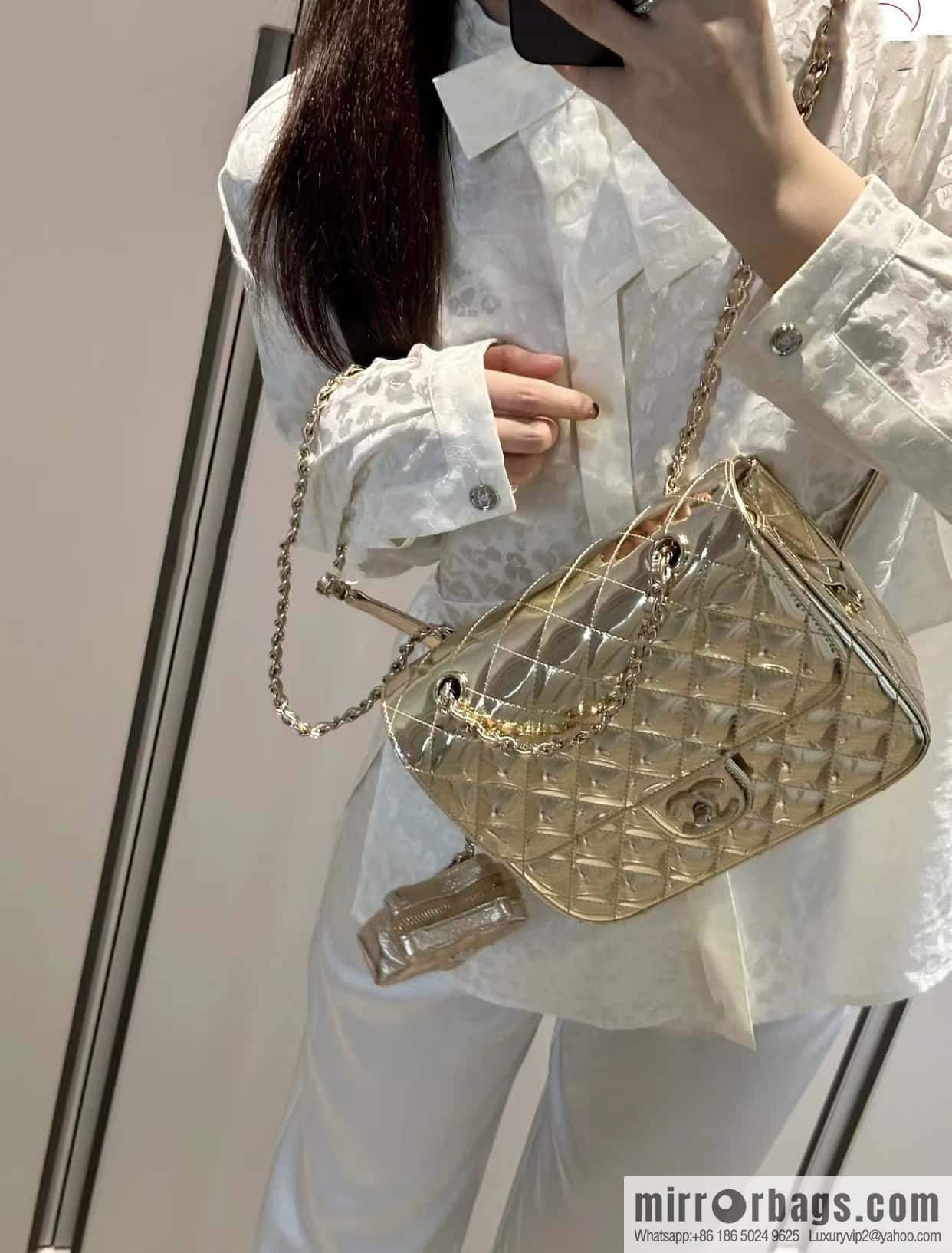 CHANEL 24C early spring vacation series catwalk model patent leather double backpack AS4649 gold