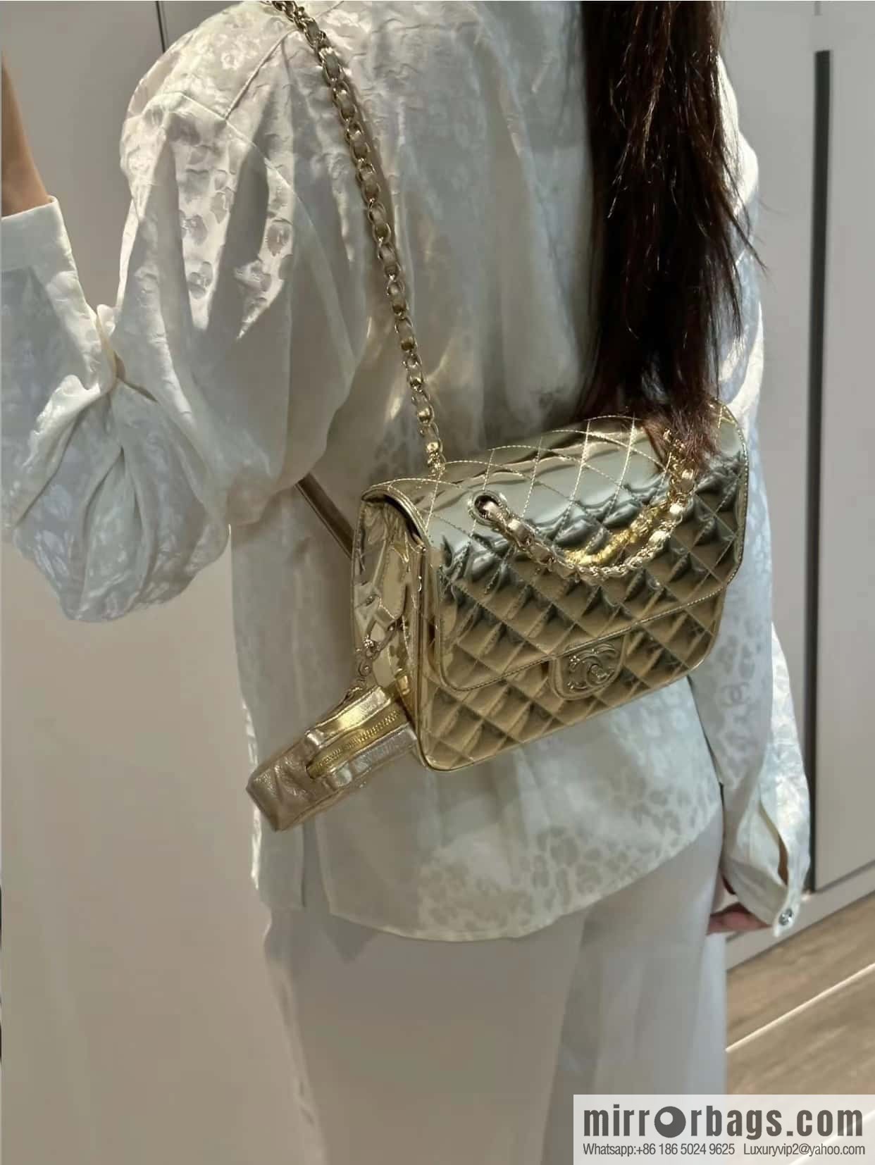 CHANEL 24C early spring vacation series catwalk model patent leather double backpack AS4649 gold