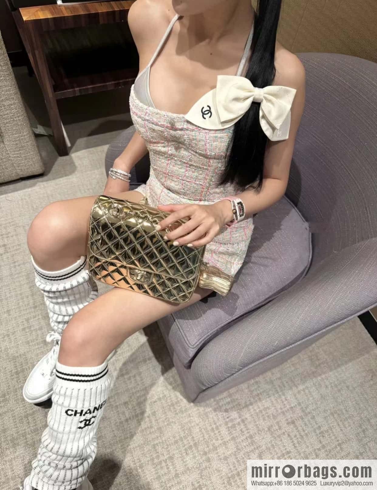 CHANEL 24C early spring vacation series catwalk model patent leather double backpack AS4649 gold