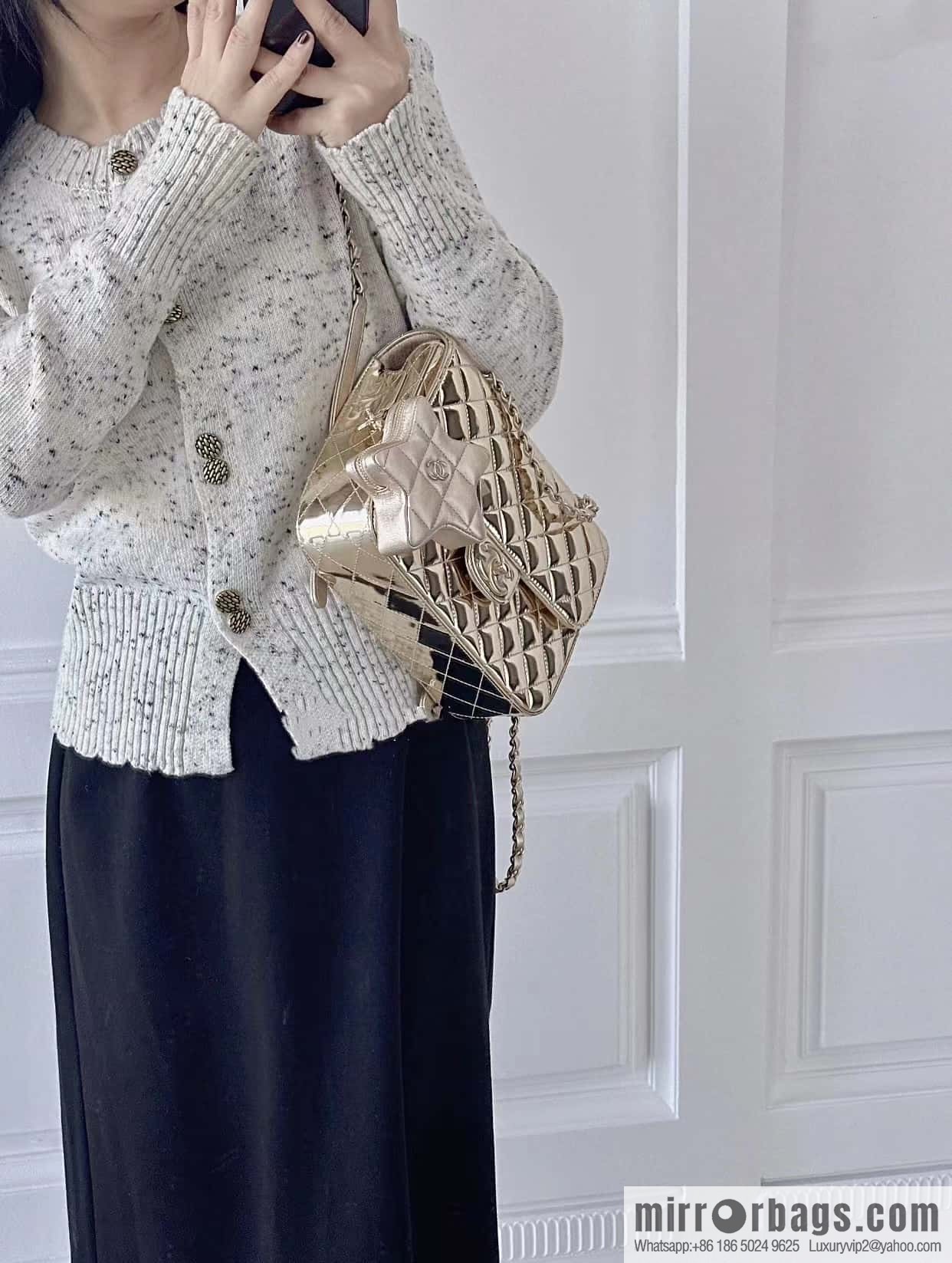 CHANEL 24C early spring vacation series catwalk model patent leather double backpack AS4649 gold