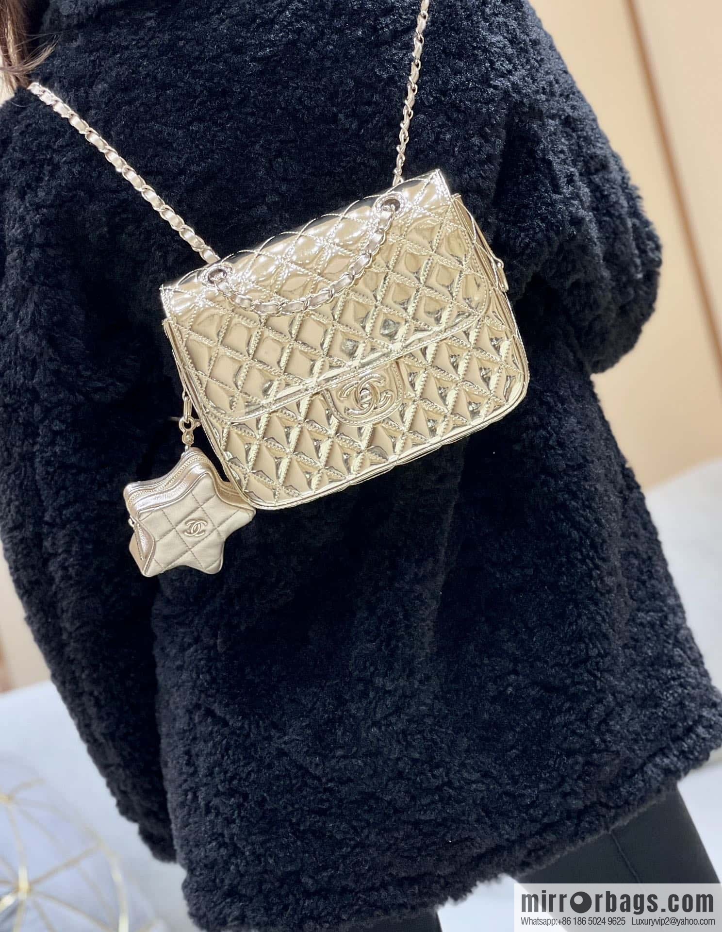 CHANEL 24C early spring vacation series catwalk model patent leather double backpack AS4649 gold