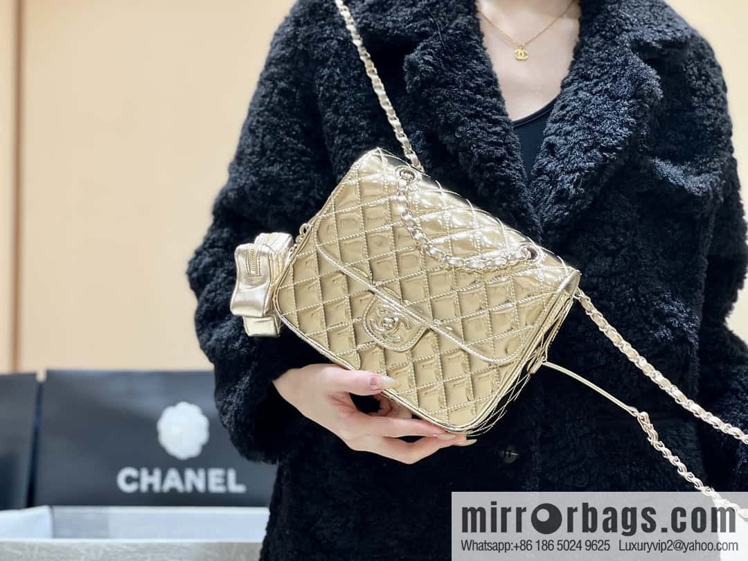 CHANEL 24C early spring vacation series catwalk model patent leather double backpack AS4649 gold