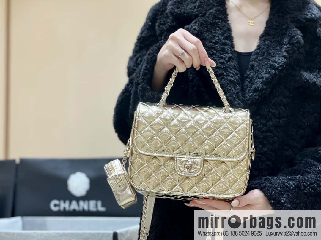 CHANEL 24C early spring vacation series catwalk model patent leather double backpack AS4649 gold